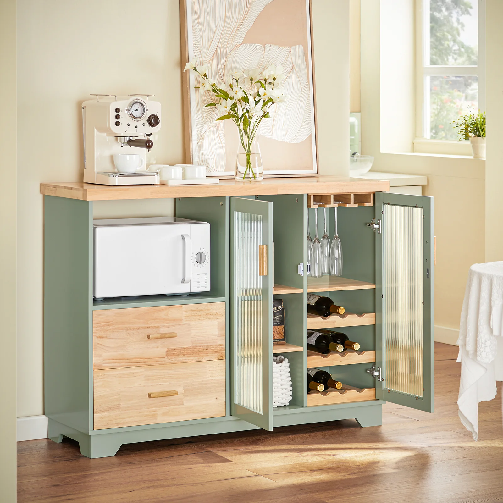 SoBuy Küchenschrank Sideboard mit Glastüren und Schubladen, 120 cm Arbeitsplatte in Grün - Image 4