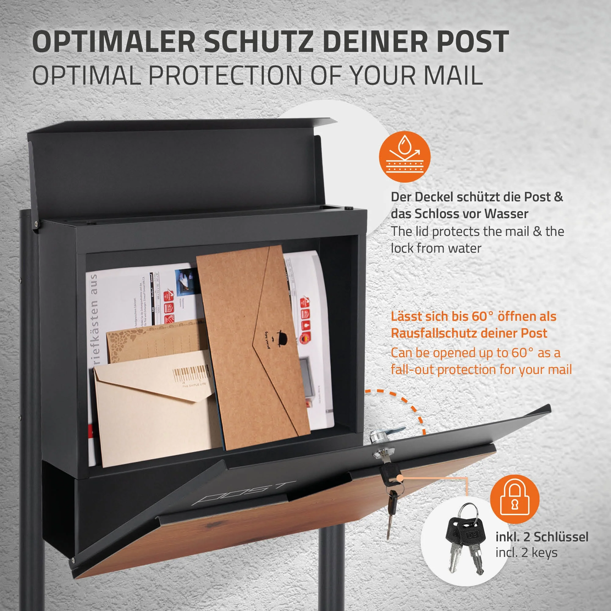 Standbriefkasten mit Zeitungsfach 37x37x11 cm Anthrazit/Holzoptik Edelstahl ML-Design - Image 3