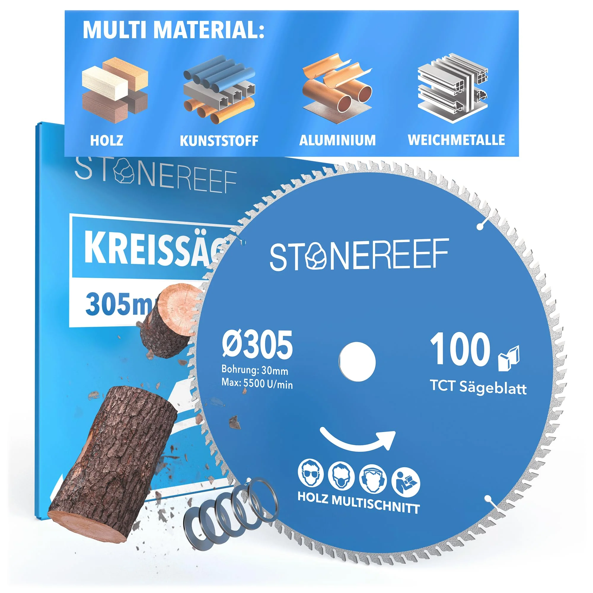 STONE REEF Sägeblatt 305x30 - Kreissägeblatt [Adapter auf Bohrung 16/20/22,23/25,4mm],