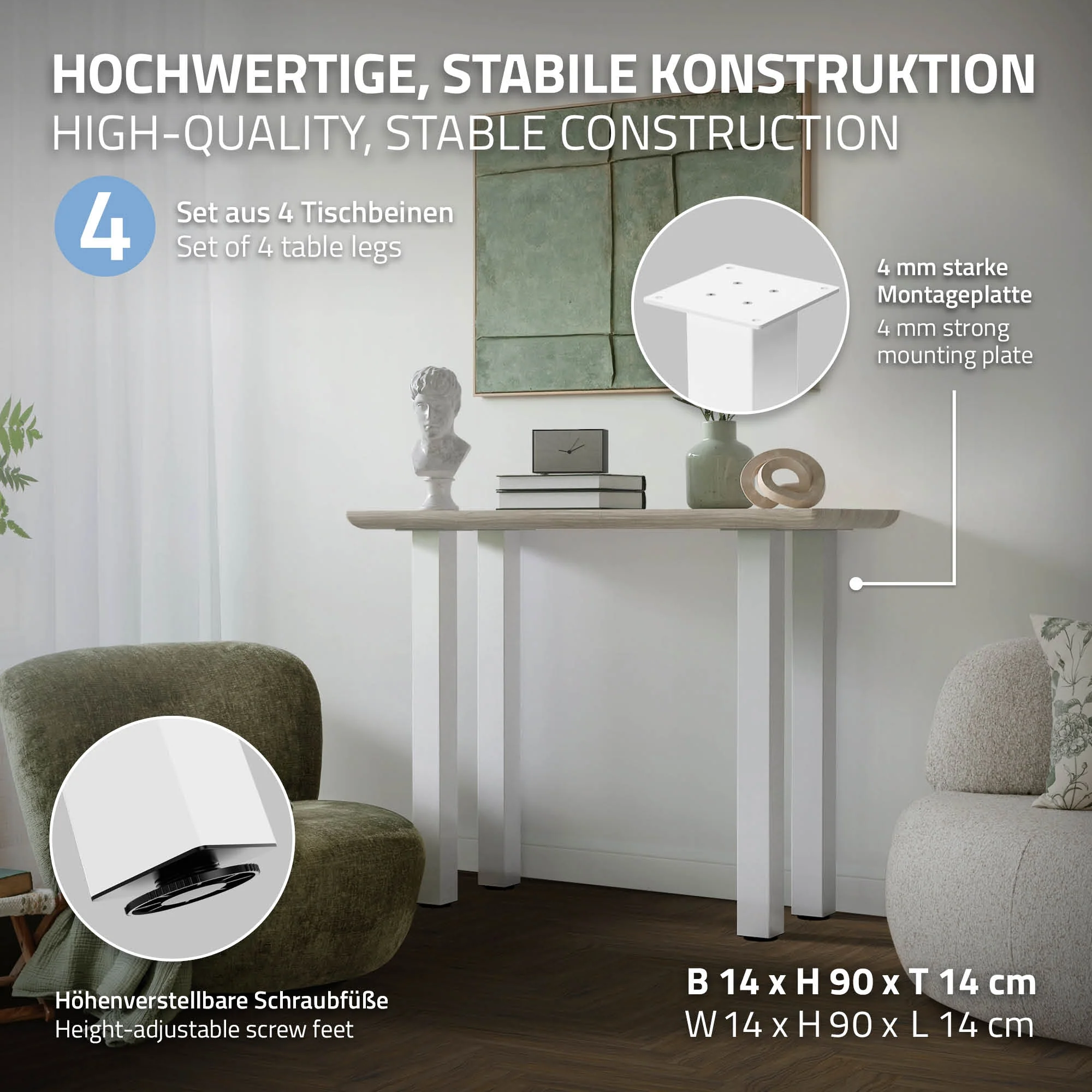 Tischbeine 4er Set I-Design, Vierkantprofil 8x8 cm, Stahl, Industrial, eckig, Metall, verstellbar - Image 75