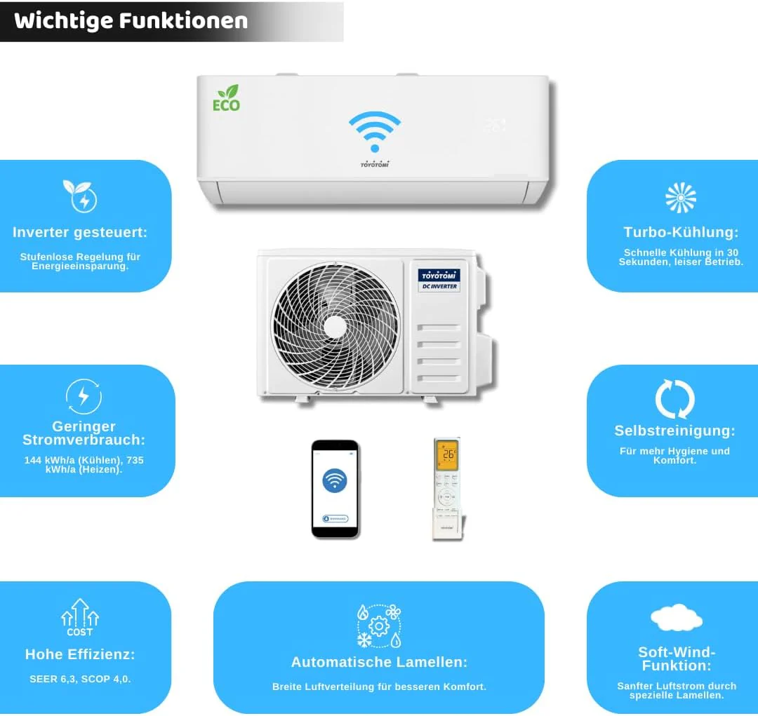Toyo Klimaanlage Split Set 18000 BTU/h / 5,1KW, Inverter Klimagerät für Räume bis 85 m², Alexa - Image 13