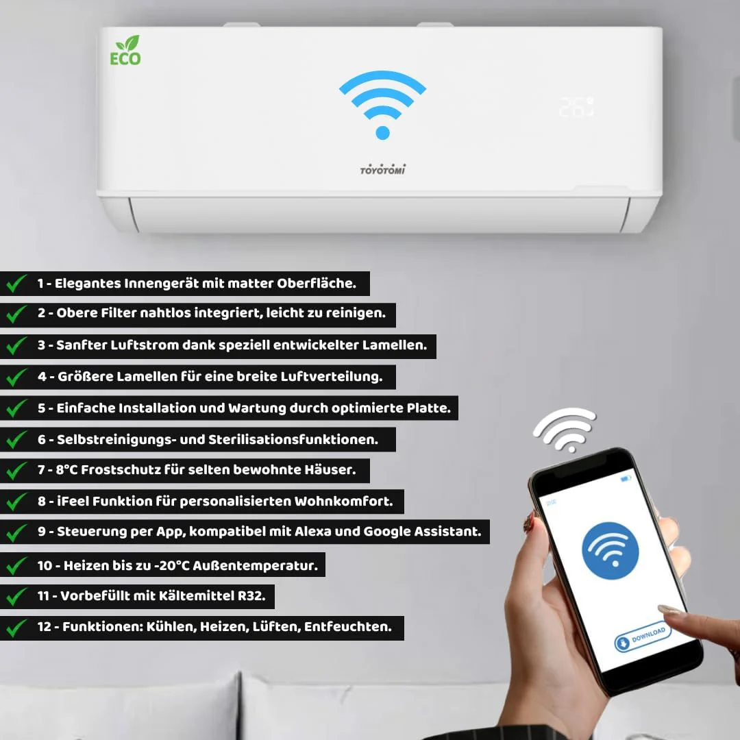 Toyo Klimaanlage Split Set 18000 BTU/h / 5,1KW, Inverter Klimagerät für Räume bis 85 m², Alexa - Image 8