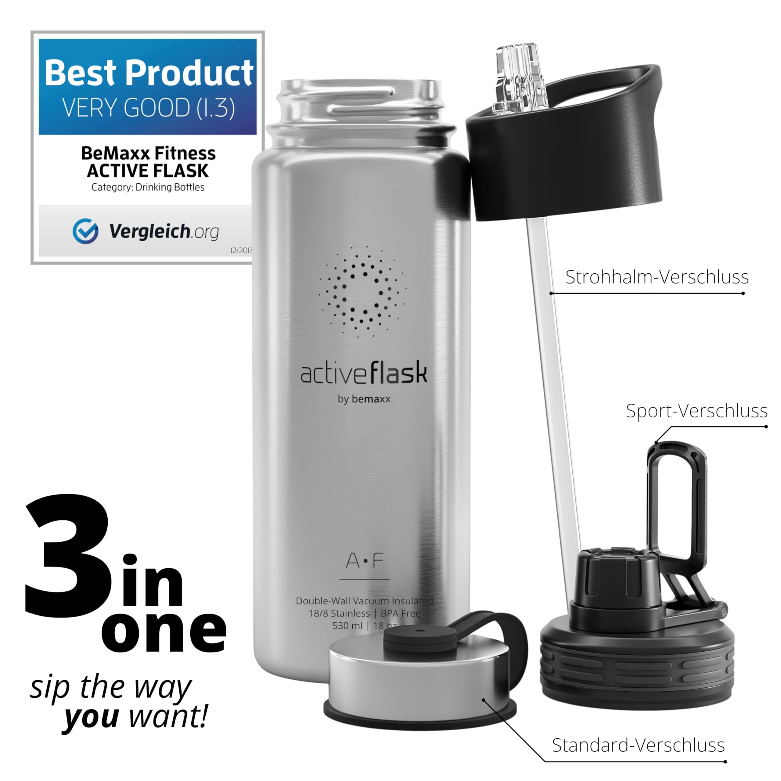 Trinkflasche Edelstahl ACTIVE FLASK + Strohhalm (3 Deckel) BPA-frei, Auslaufsicher, - Image 2