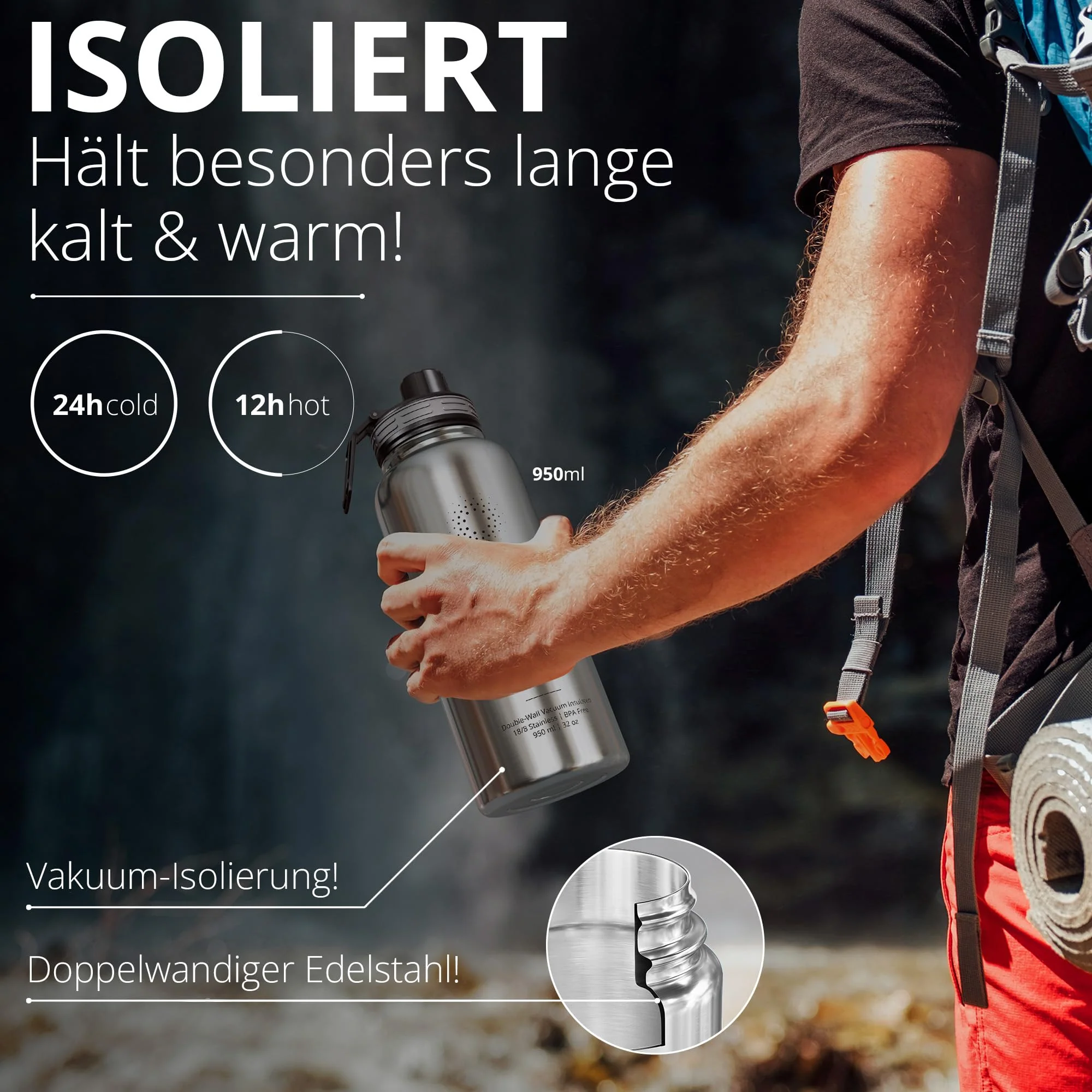 Trinkflasche Edelstahl ACTIVE FLASK + Strohhalm (3 Deckel) BPA-frei, Auslaufsicher, - Image 3