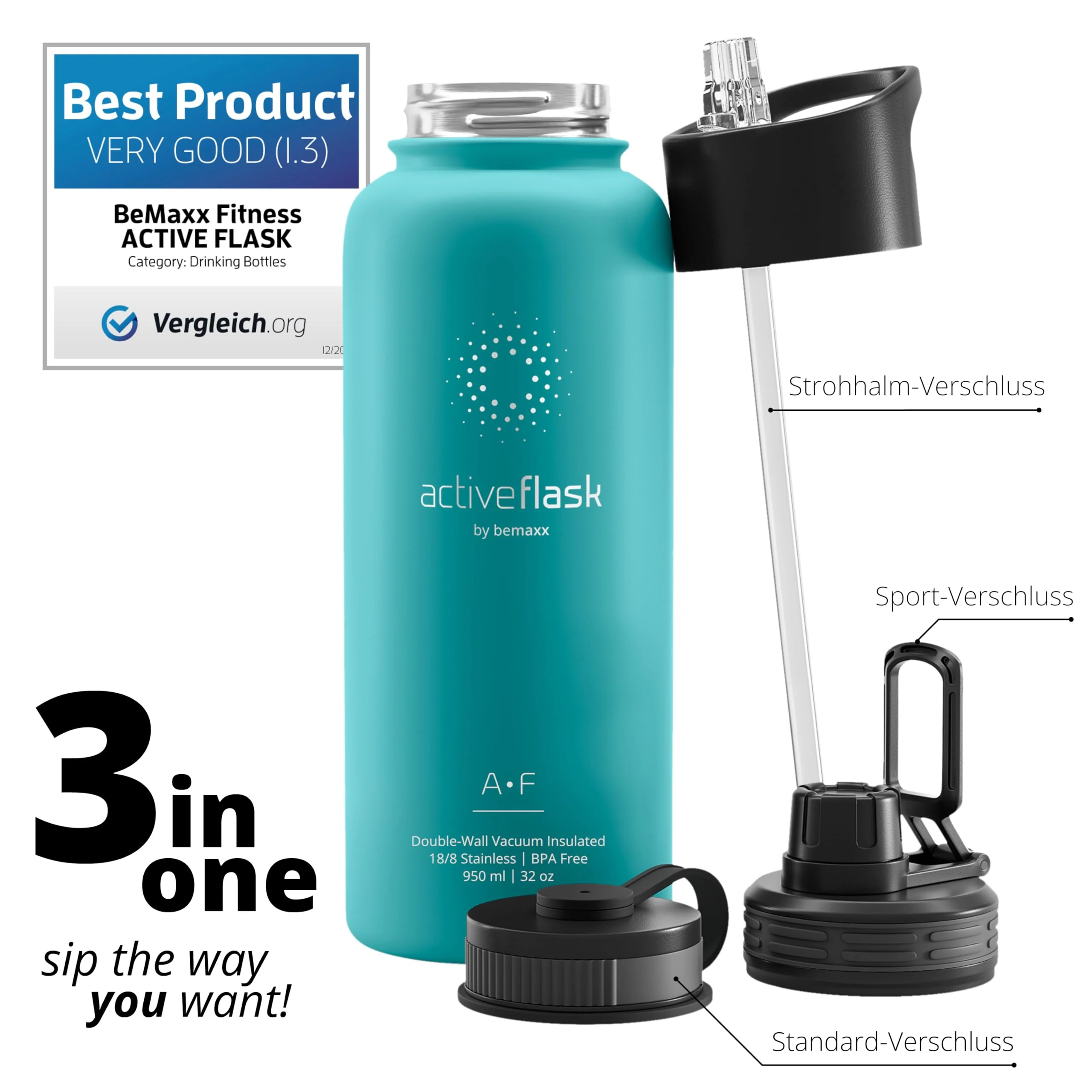 Trinkflasche Edelstahl ACTIVE FLASK + Strohhalm (3 Deckel) BPA-frei, Auslaufsicher, - Image 5