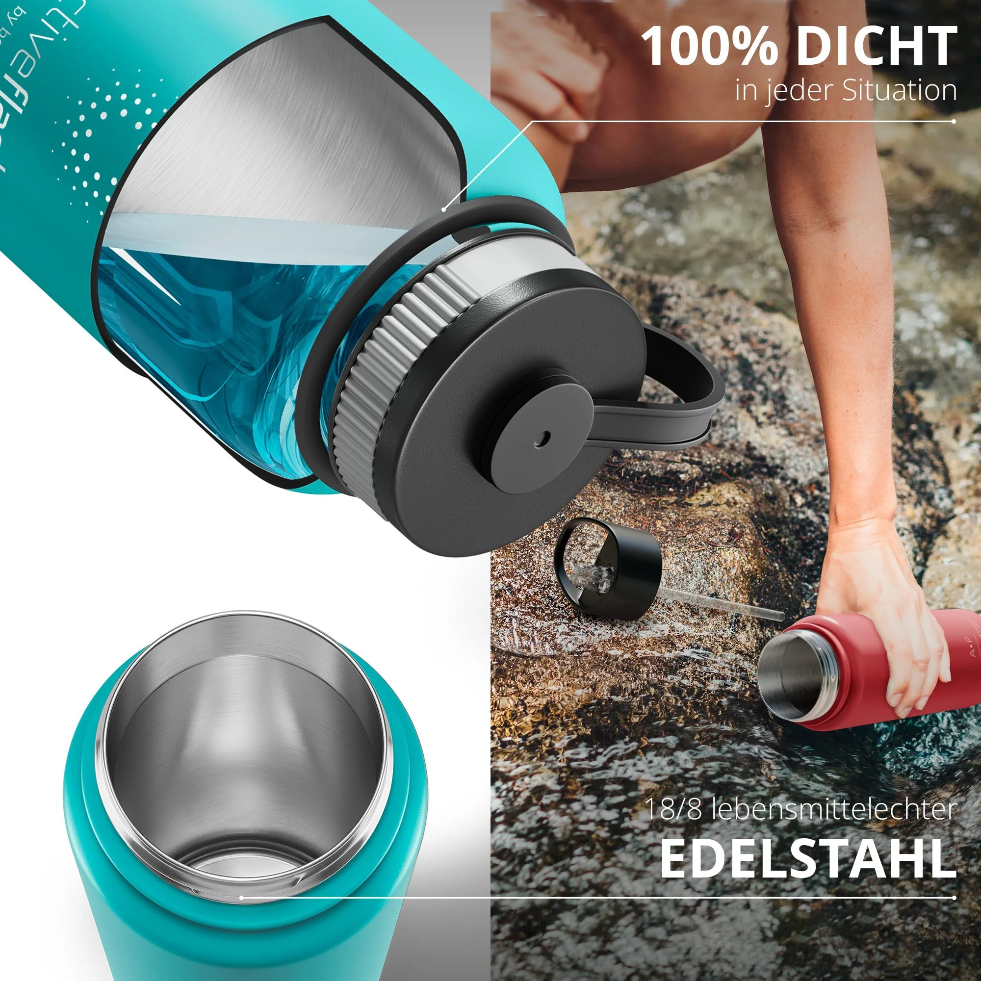 Trinkflasche Edelstahl ACTIVE FLASK + Strohhalm (3 Deckel) BPA-frei, Auslaufsicher, - Image 6