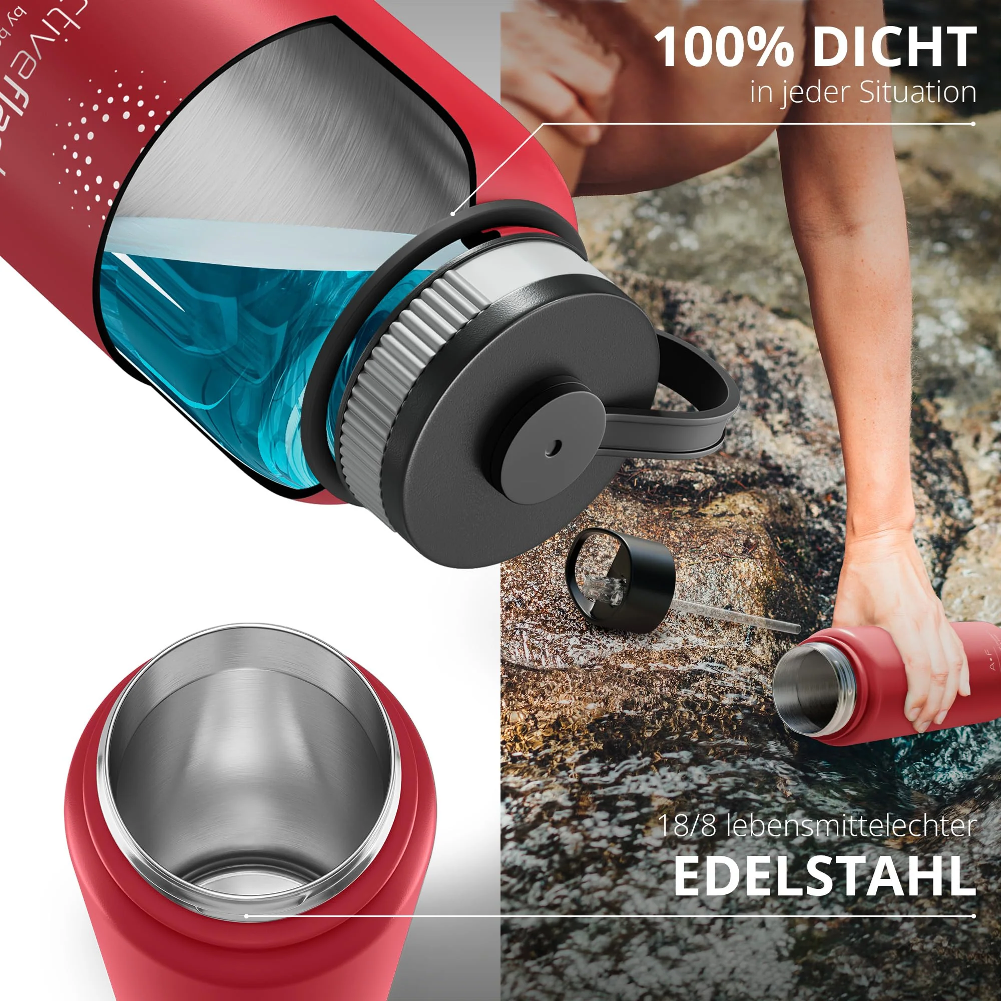 Trinkflasche Edelstahl ACTIVE FLASK + Strohhalm (3 Deckel) BPA-frei, Auslaufsicher, - Image 3