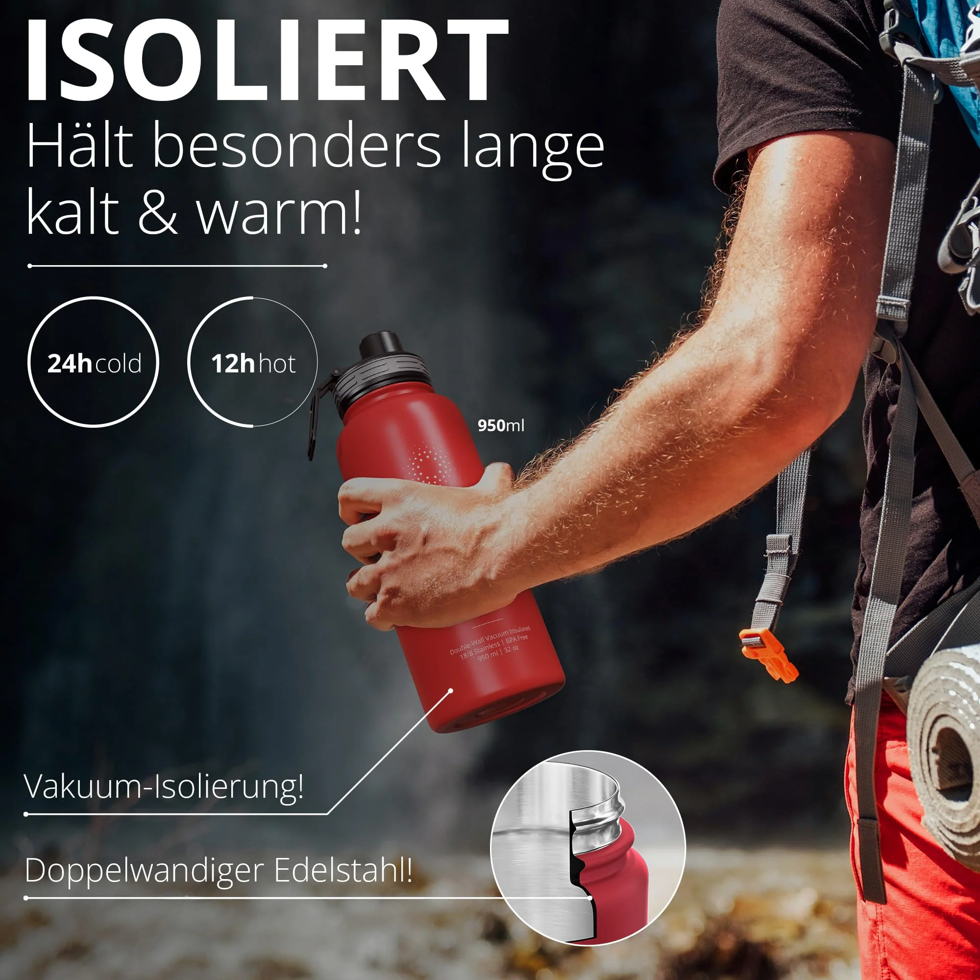 Trinkflasche Edelstahl ACTIVE FLASK + Strohhalm (3 Deckel) BPA-frei, Auslaufsicher, - Image 4