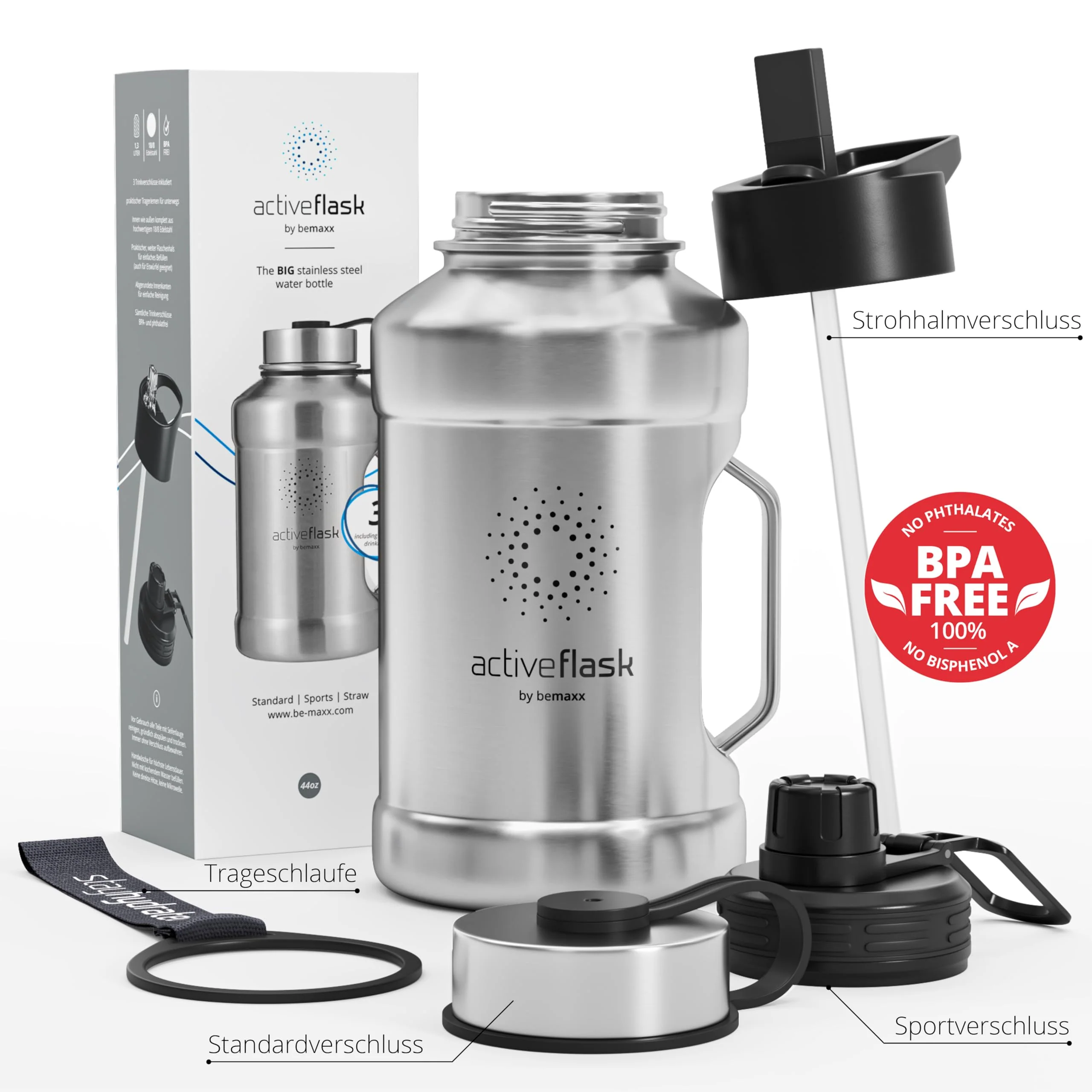 Trinkflasche Edelstahl ACTIVE FLASK + Strohhalm (3 Deckel) | Große 1,3/2,2 Liter - Image 3
