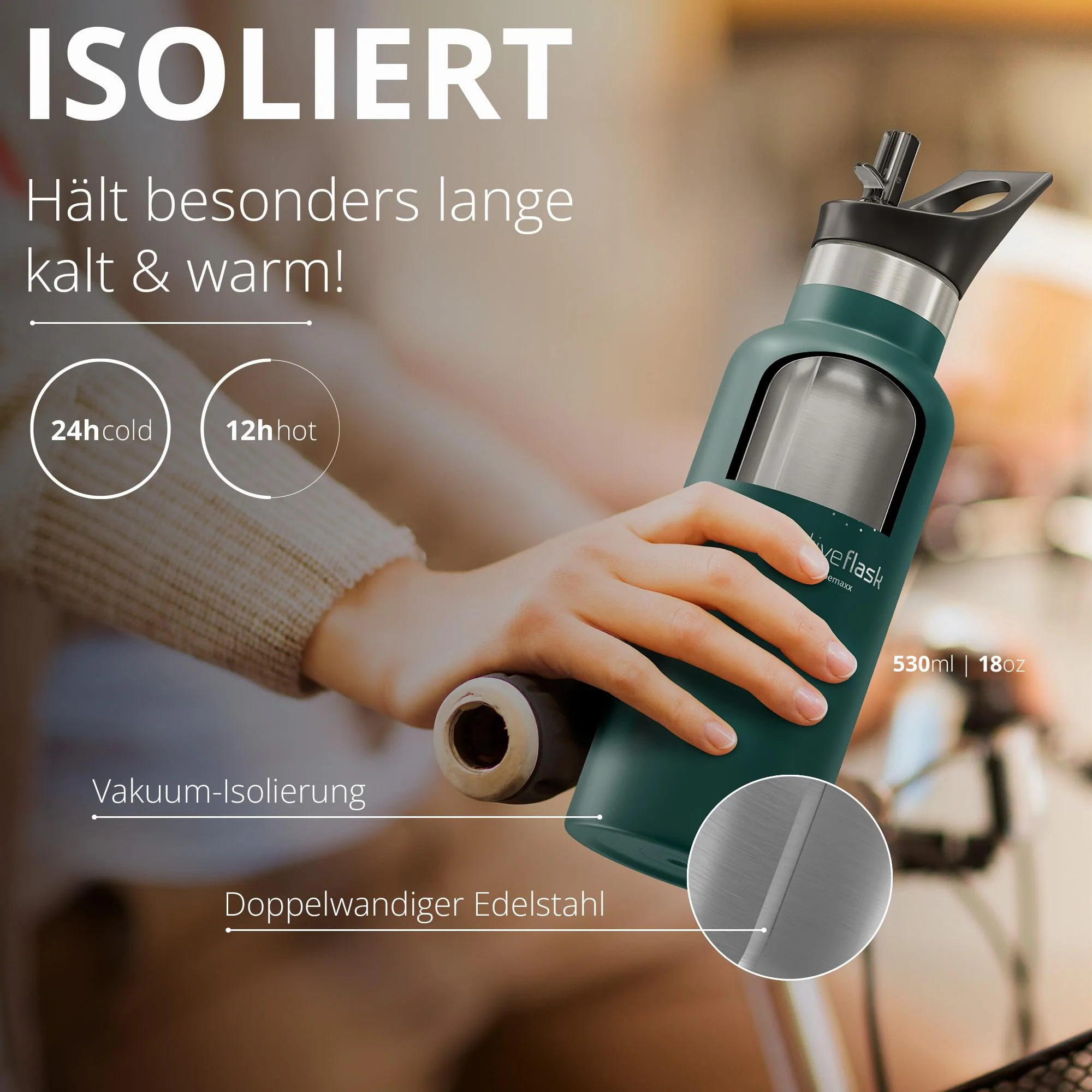Trinkflasche Edelstahl mit Strohhalm, Infuser + 3 Deckel: BPA-frei, Auslaufsicher, - Image 4