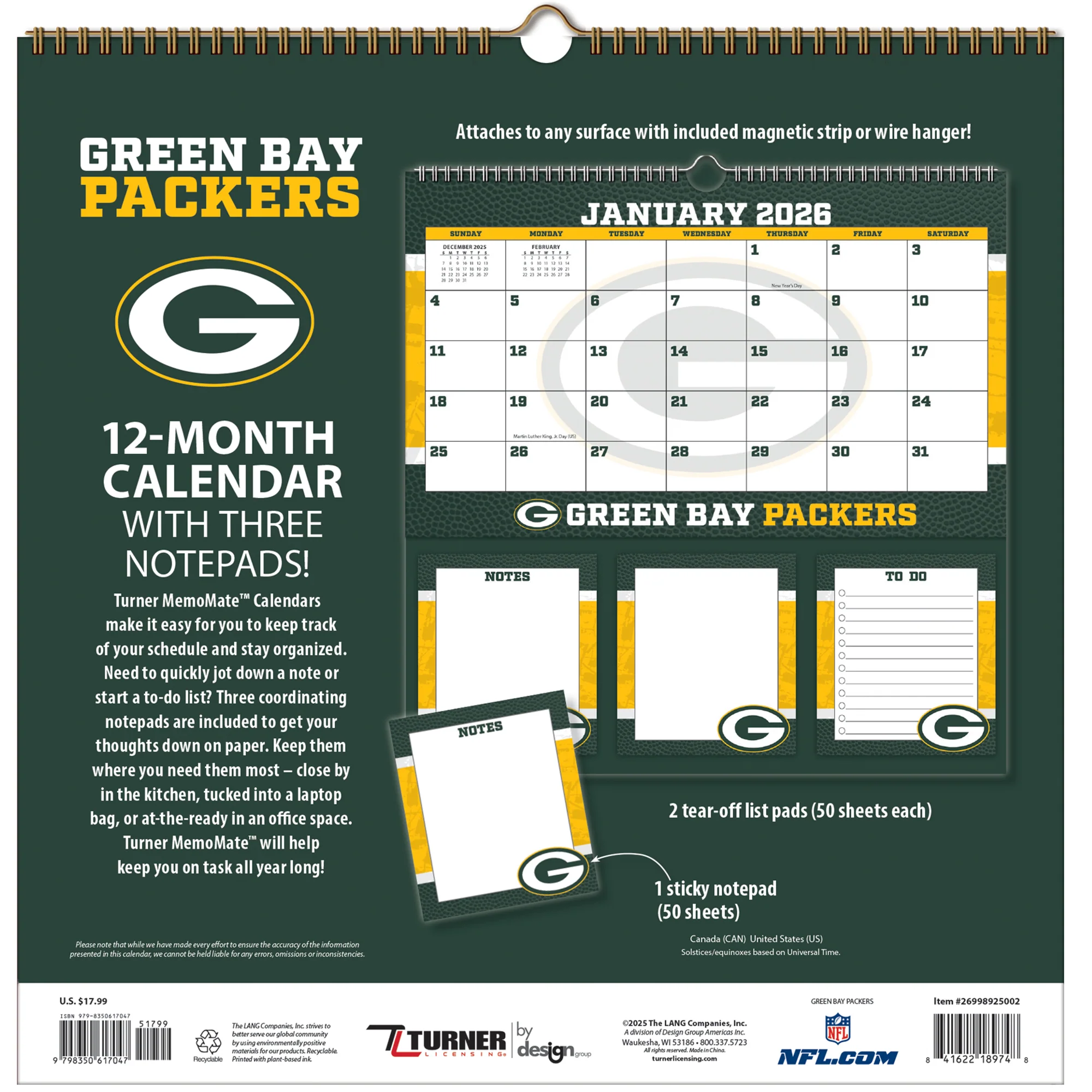 Turner Green Bay Packers NFL  Memomate Spiralkalender 2026 - Image 6