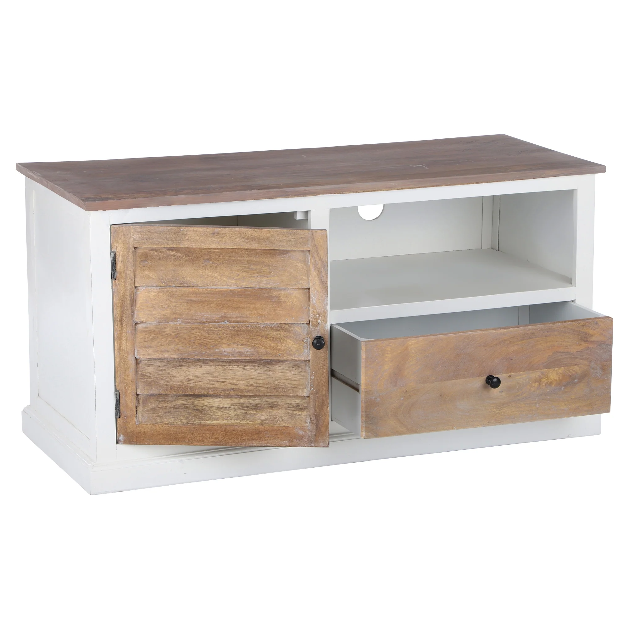 TV Lowboard mit Schublade 110x35x57 cm Natur/Weiß aus Mangoholz  WOMO-Design - Image 5