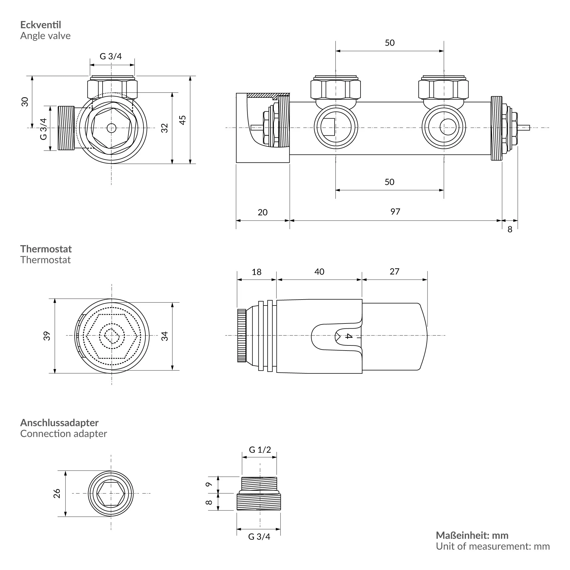 Ventil-Armaturen Set Multiblock Anthrazit Eckform inkl. Thermostatkopf für Badheizkörper - Image 7