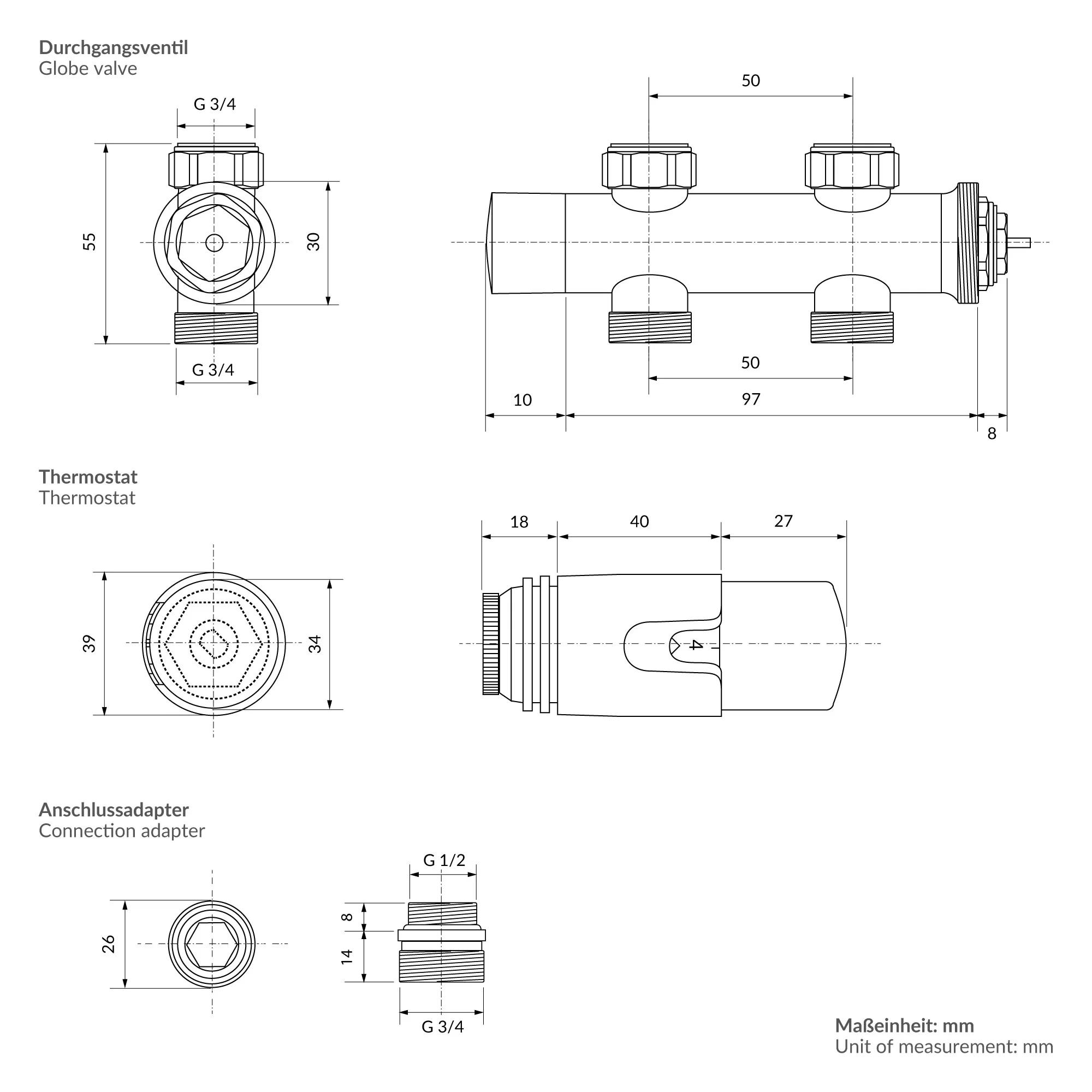 Ventil-Armaturen Set Multiblock Chrome Durchgangsform inkl. Thermostatkopf LuxeBath - Image 4