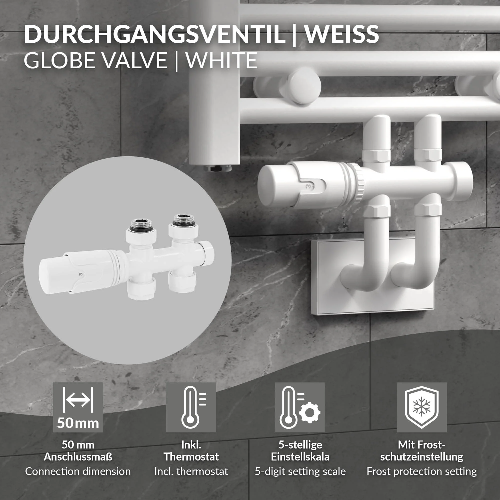Ventil-Armaturen Set Multiblock Weiß Durchgangsform inkl. Thermostatkopf für Badheizkörper - Image 2