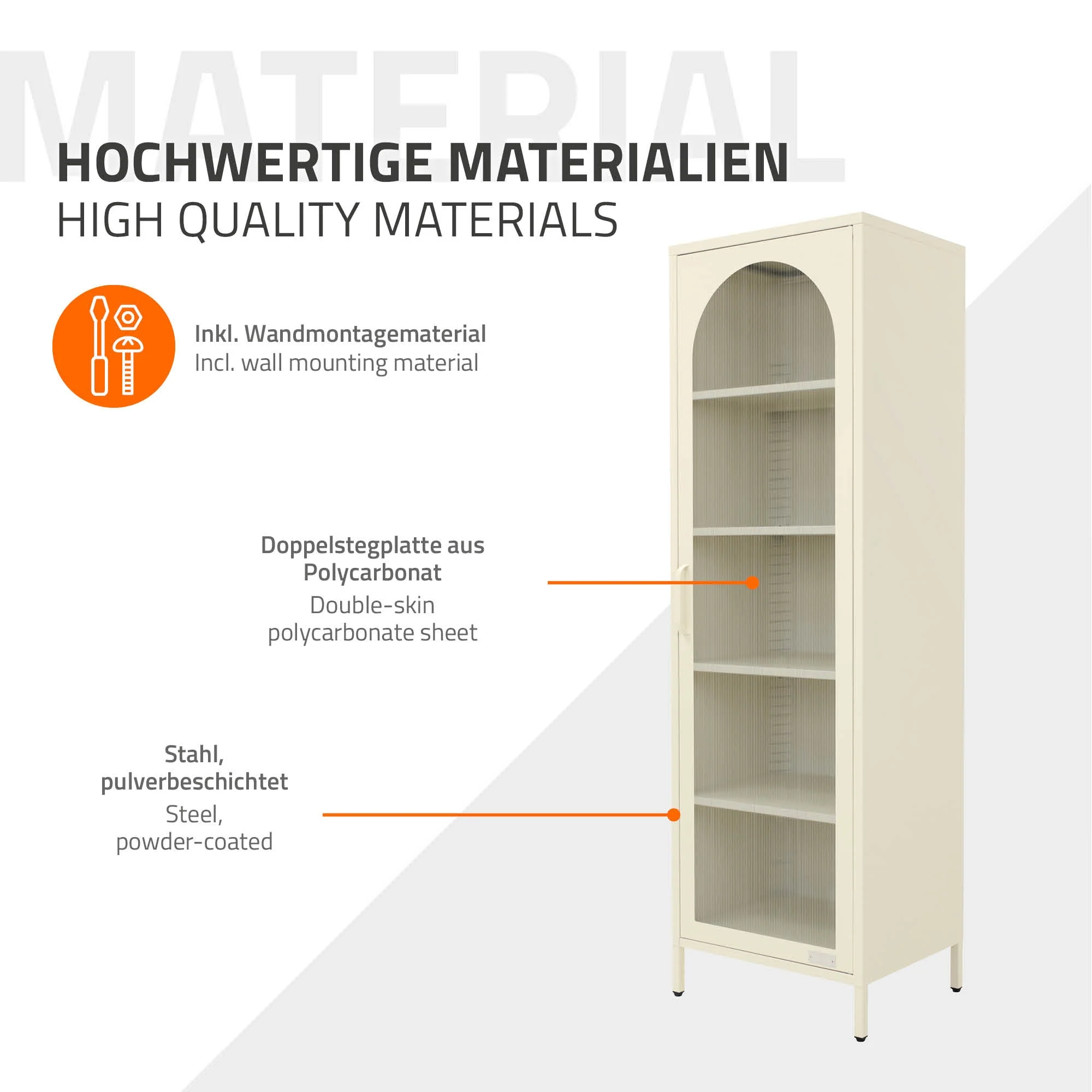 Vitrinenschrank schmal 45x145x35 cm mit 5 Ablagen und 1 Tür, aus Stahl - Image 16