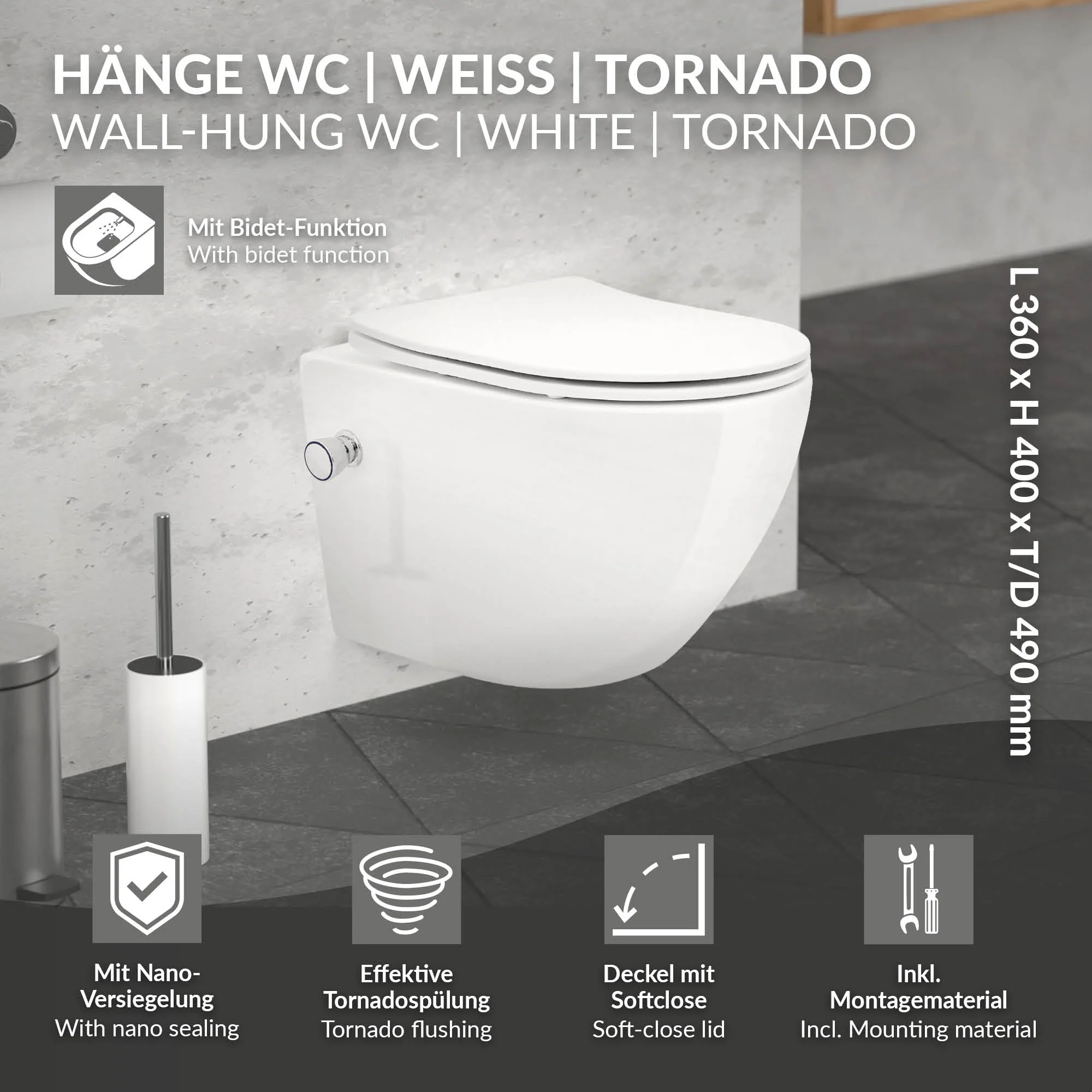 Wand WC Spülrandlos mit Bidet-Funktion, Weiß, Tiefspüler Keramik - Image 3