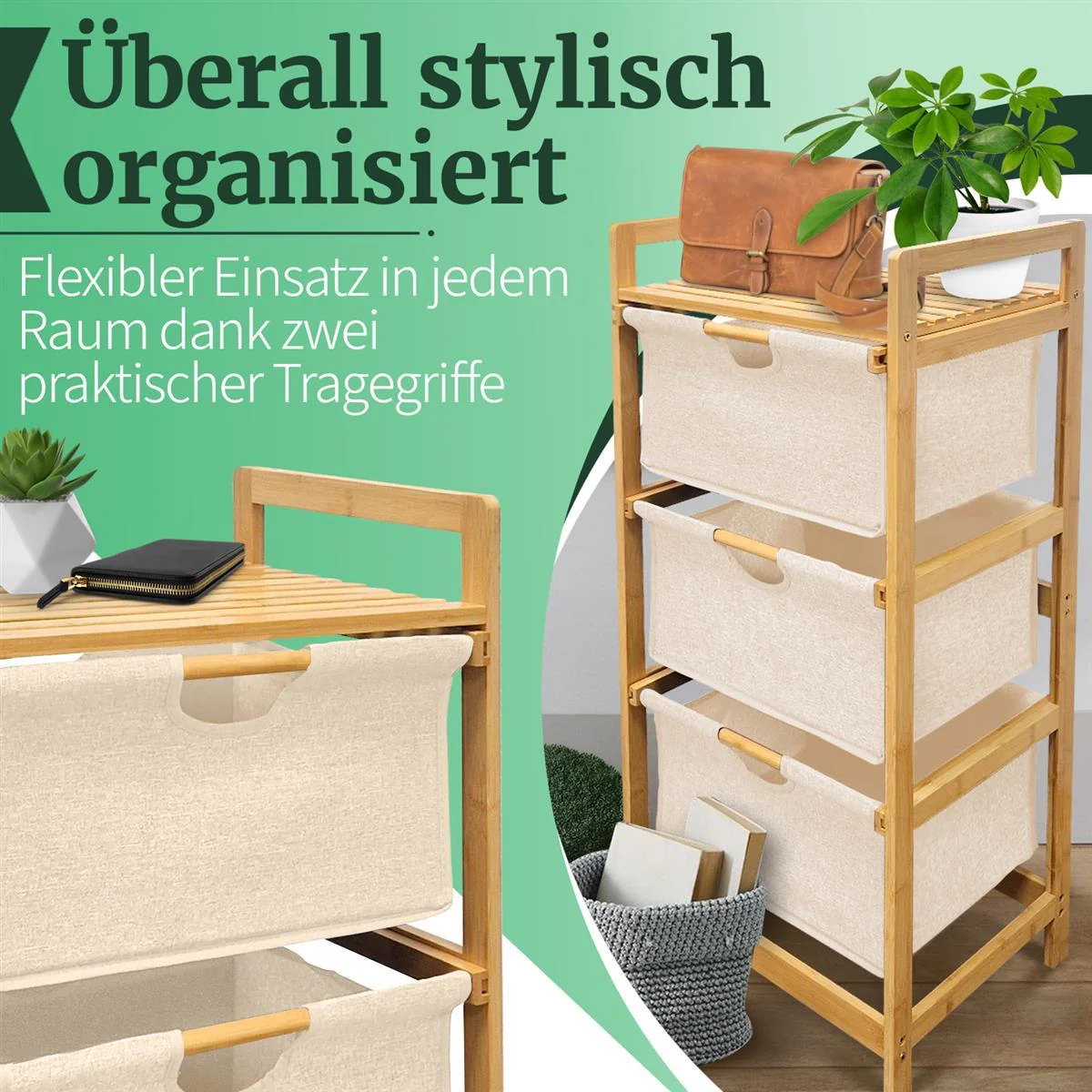 Wäschekorb Badregal Regal Wäschesammler Aufbewahrung 3 Fächer 44x34,5x96 cm - Natur - Image 5