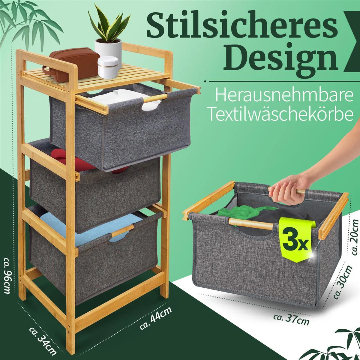 Wäschekorb Badregal Regal Wäschesammler Aufbewahrung 3 Fächer 44x34,5x96 cm - Natur - Image 8