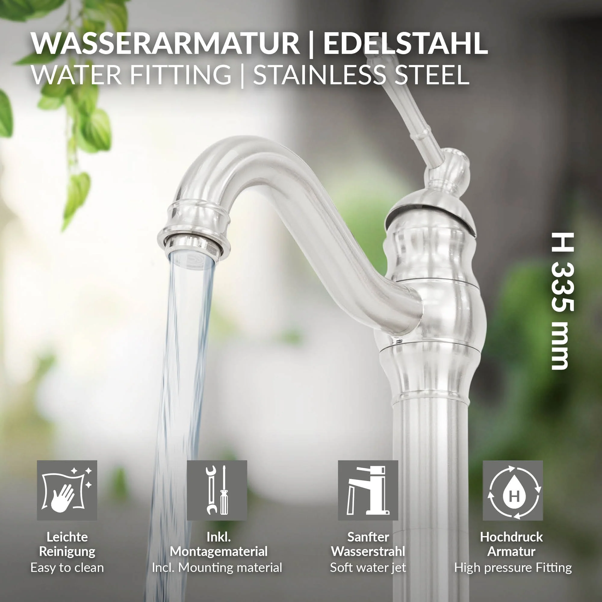 Waschtischarmatur fürs Badezimmer Silber aus gebürsteter Edelstahl von LuxeBath - Image 2