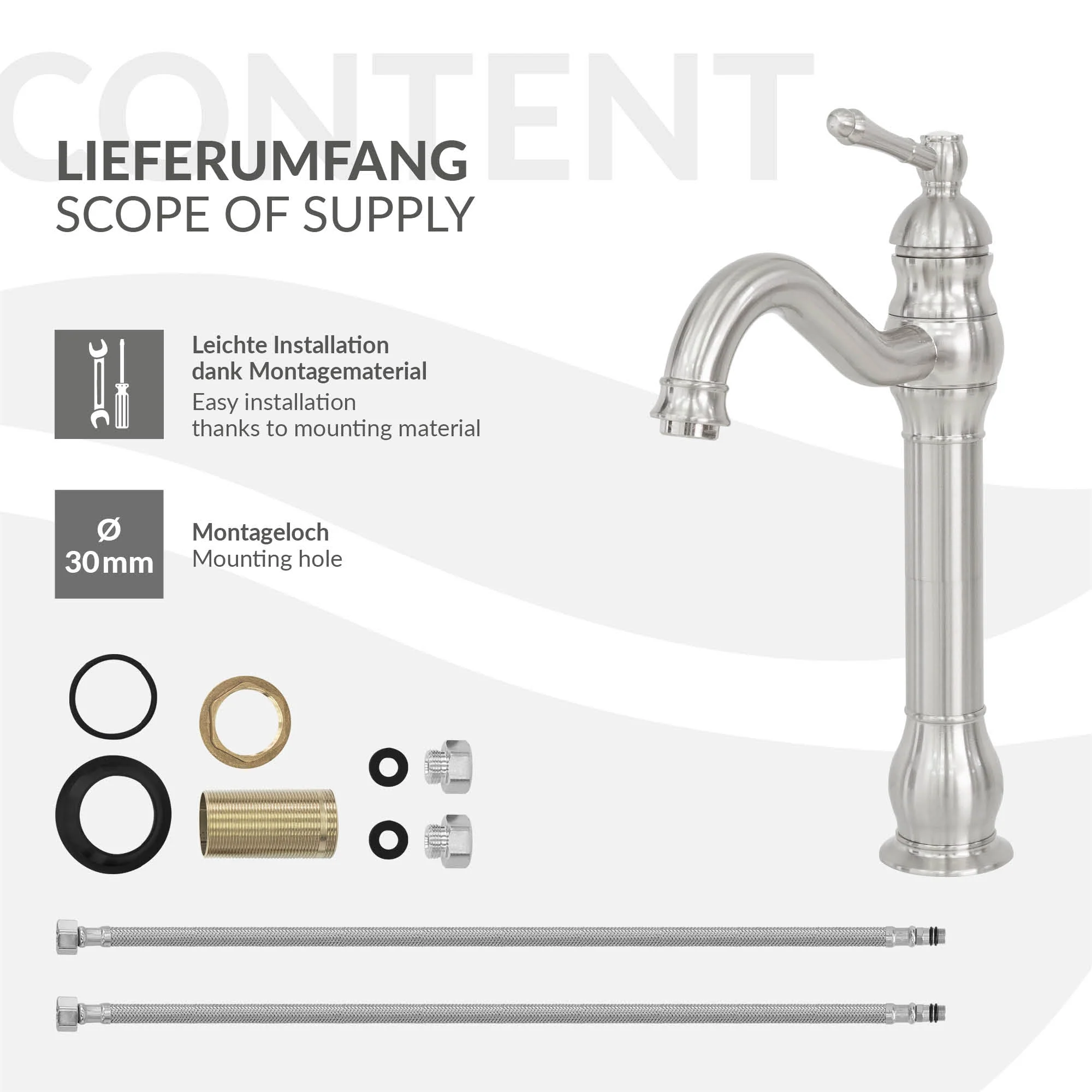 Waschtischarmatur fürs Badezimmer Silber aus gebürsteter Edelstahl von LuxeBath - Image 5