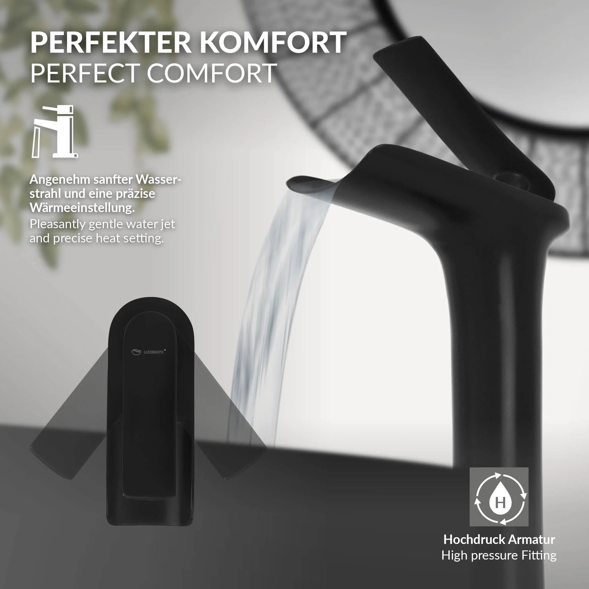 Waschtischarmatur Wasserfall Design 155x48x300 mm Schwarz matt LuxeBath - Image 4