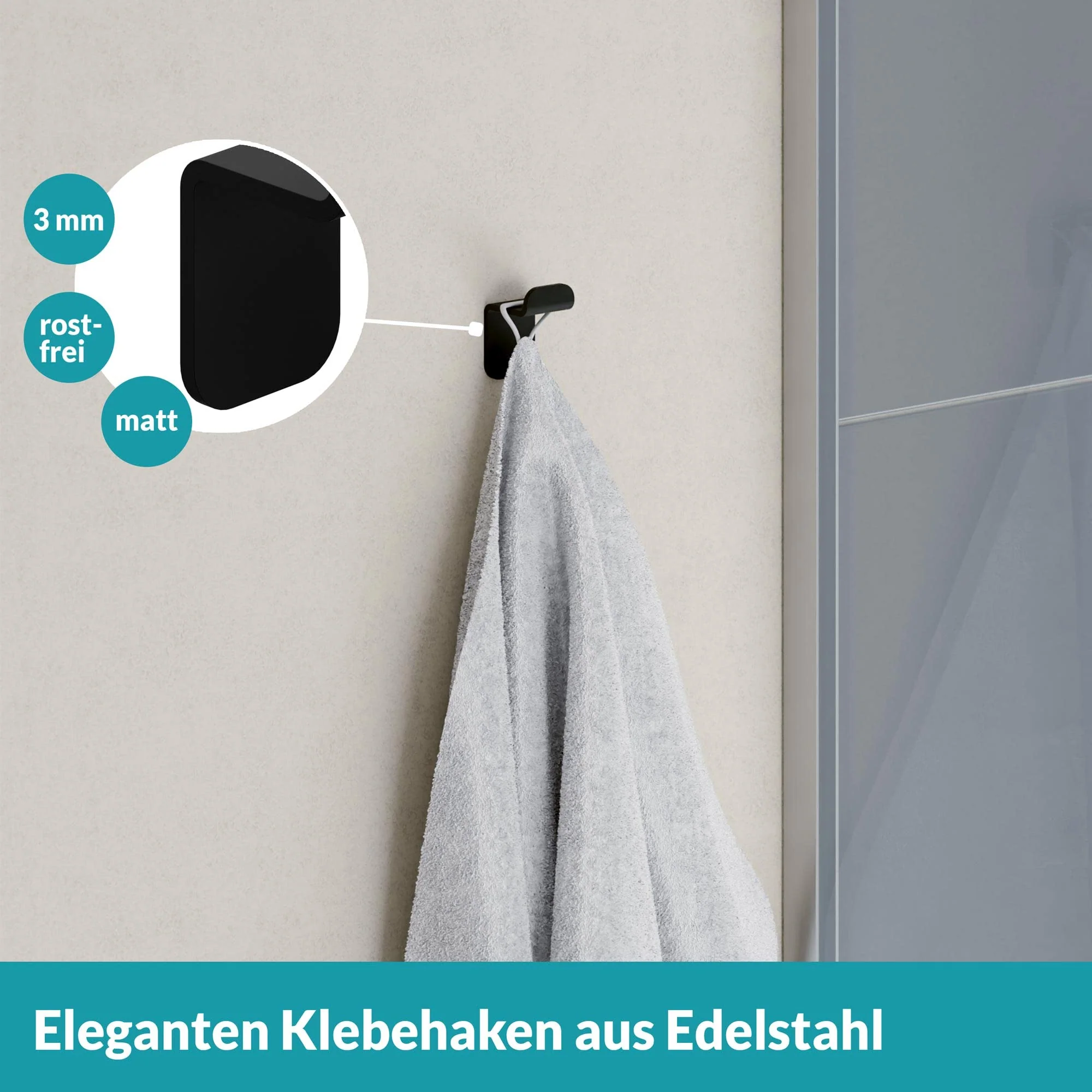 WEISSENSTEIN Handtuchhalter ohne Bohren - Schwarz - Klebehaken aus Edelstahl fürs Bad – 1 - Image 5