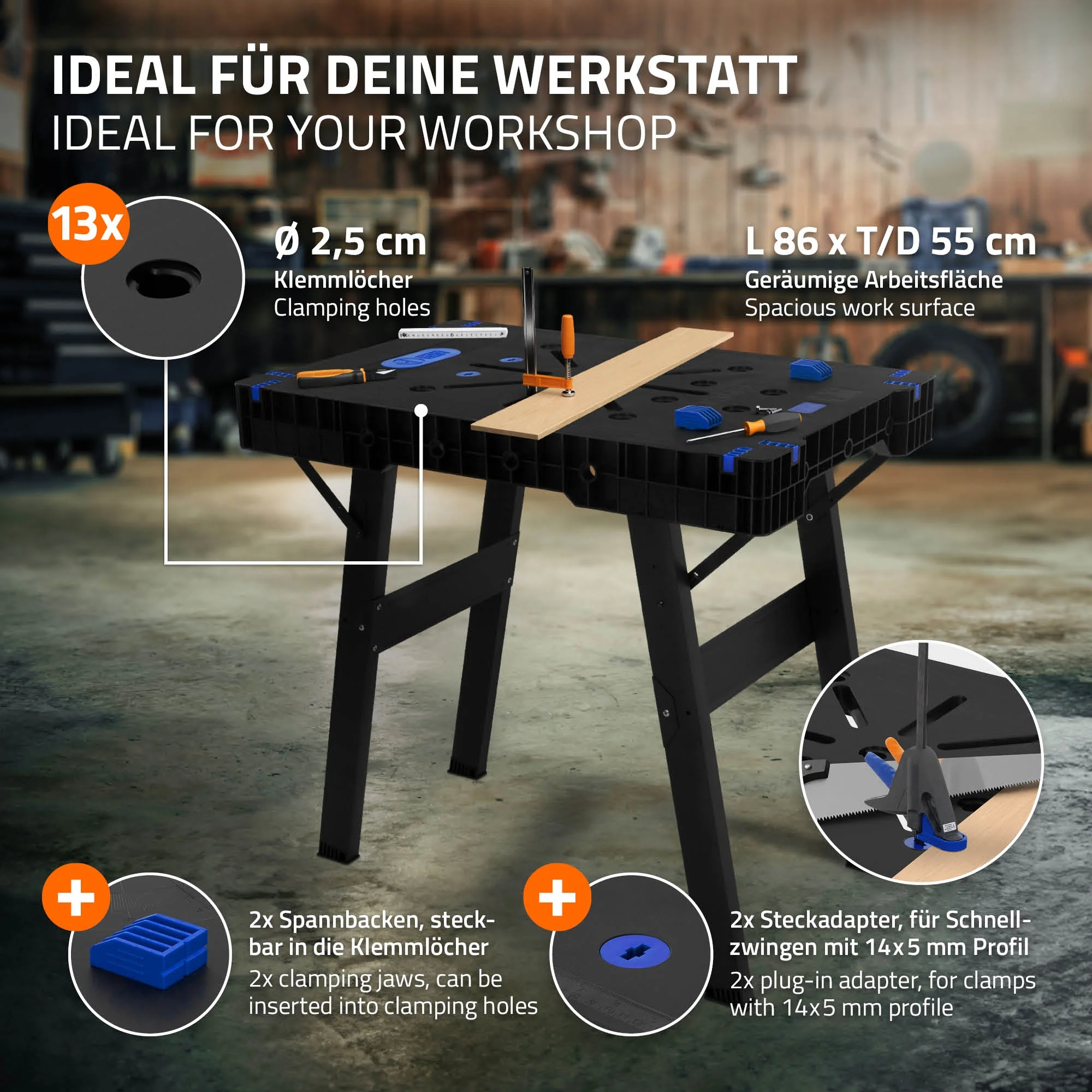 Werkbank klappbar, 86x55x80 cm, Werktisch erweiterbar, bis 150 kg belastbar - Image 7