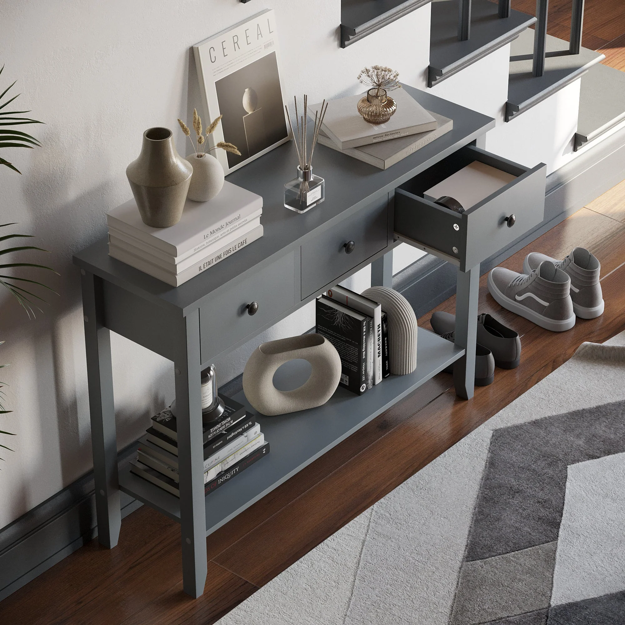 Windsor Konsolentisch in Grau mit 3 Schubladen und Ablageboden – Wohnzimmer & Flurmöbel - Image 8