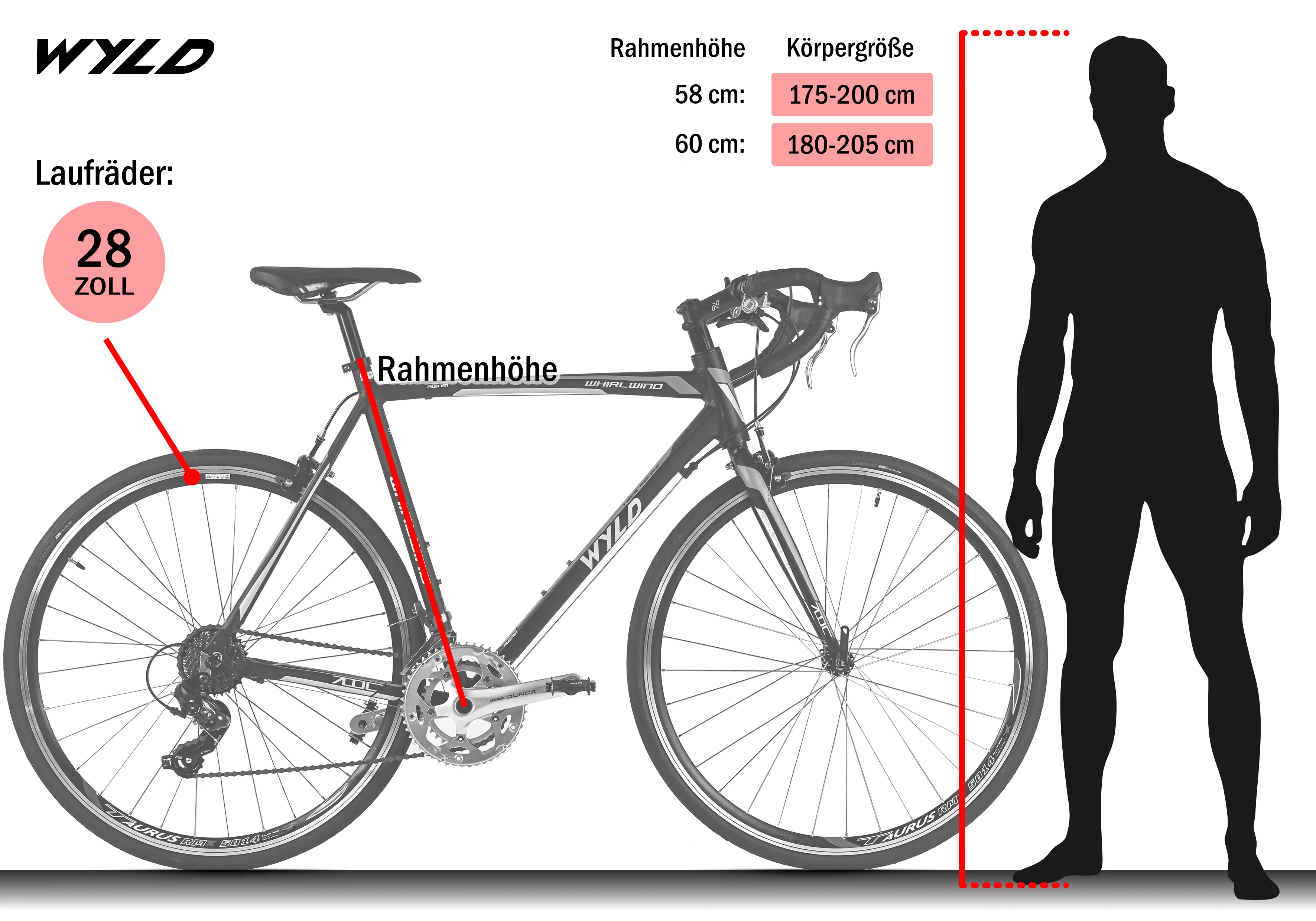 WYLD Rennrad 28'' Whirlwind 50 Schwarz-Rot 14 Gänge RH 58 cm - Image 2