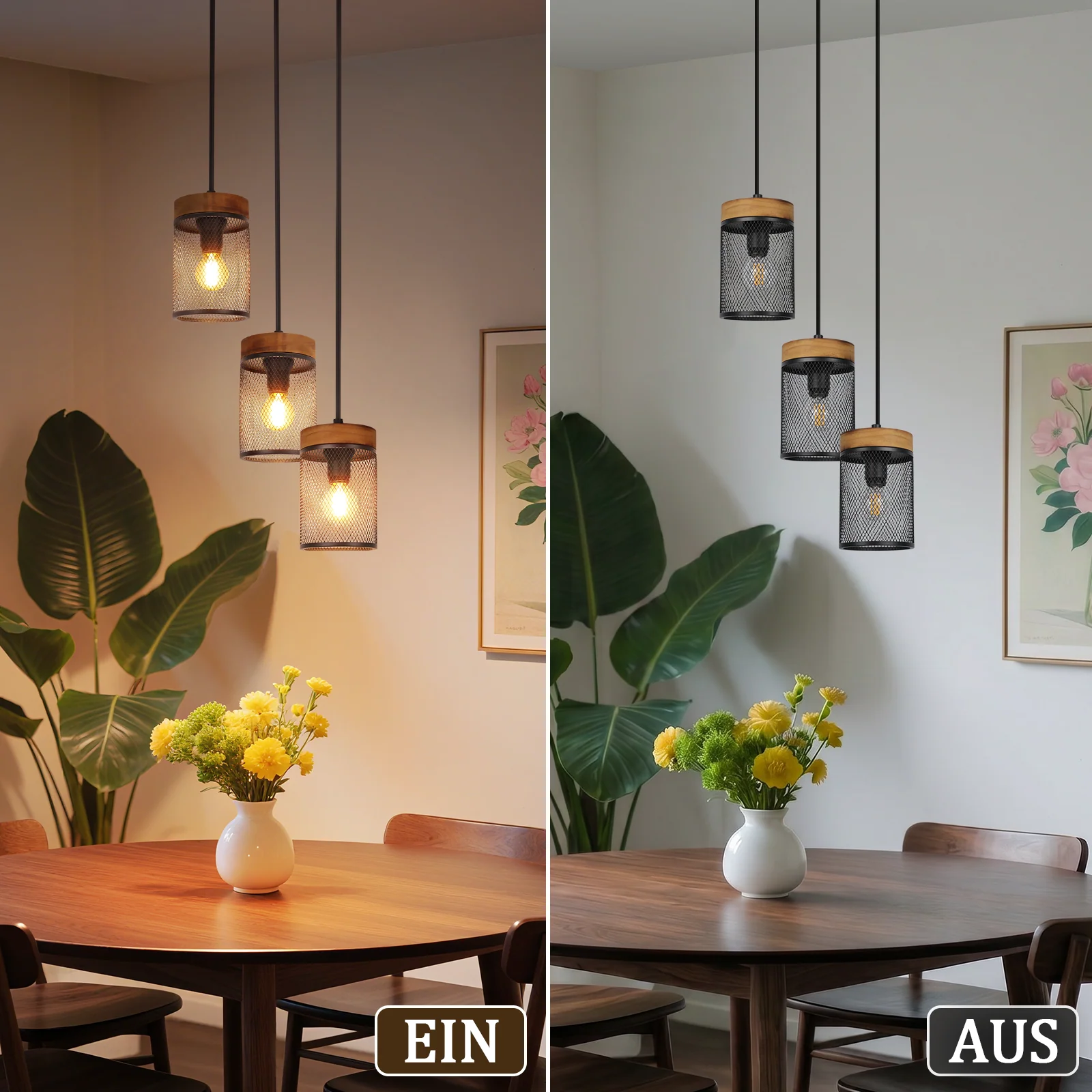 ZMH Hängelampe 3 flammig Holz Vinatge E14 Industrial Retro Pendelleuchte für Wohnzimmer Esszimmer - Image 6