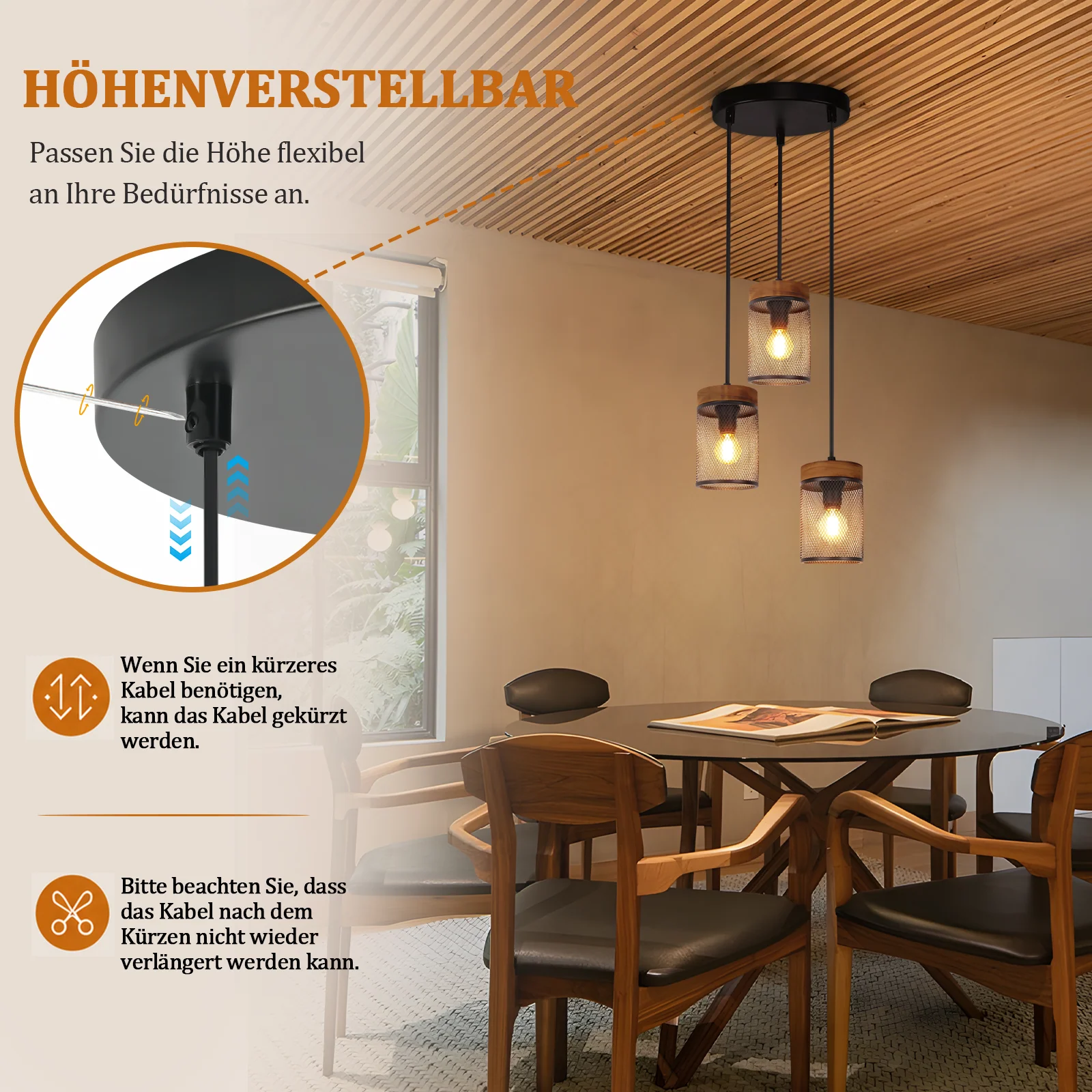 ZMH Hängelampe 3 flammig Holz Vinatge E14 Industrial Retro Pendelleuchte für Wohnzimmer Esszimmer - Image 8