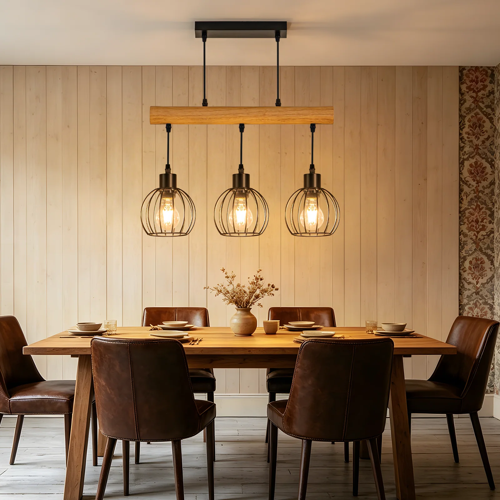 ZMH Hängelampe 3 flammig Vintage Industrial Holz Höhenverstellbar Pendelleuchte für Wohnzimmer Bar - Image 3