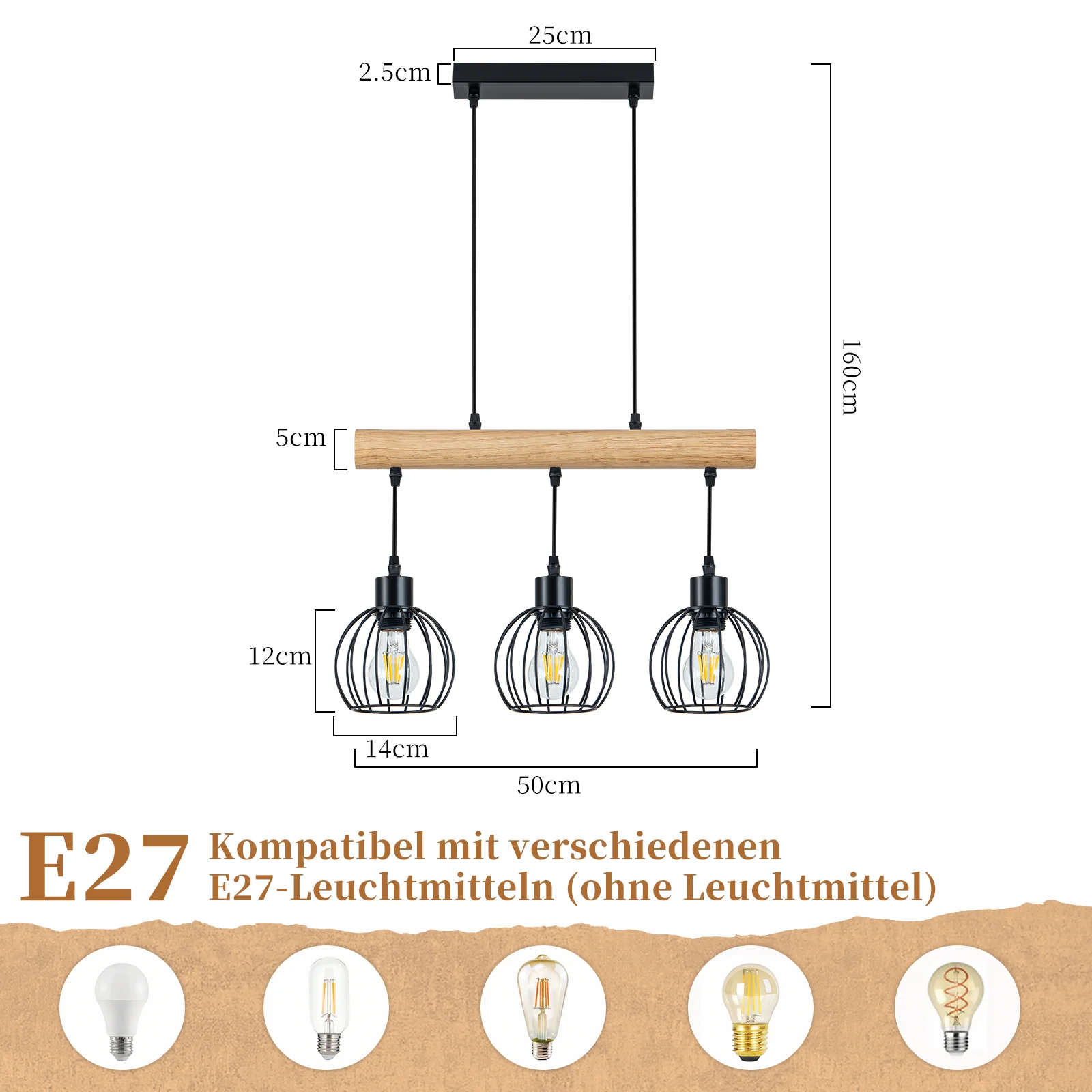 ZMH Hängelampe 3 flammig Vintage Industrial Holz Höhenverstellbar Pendelleuchte für Wohnzimmer Bar - Image 4