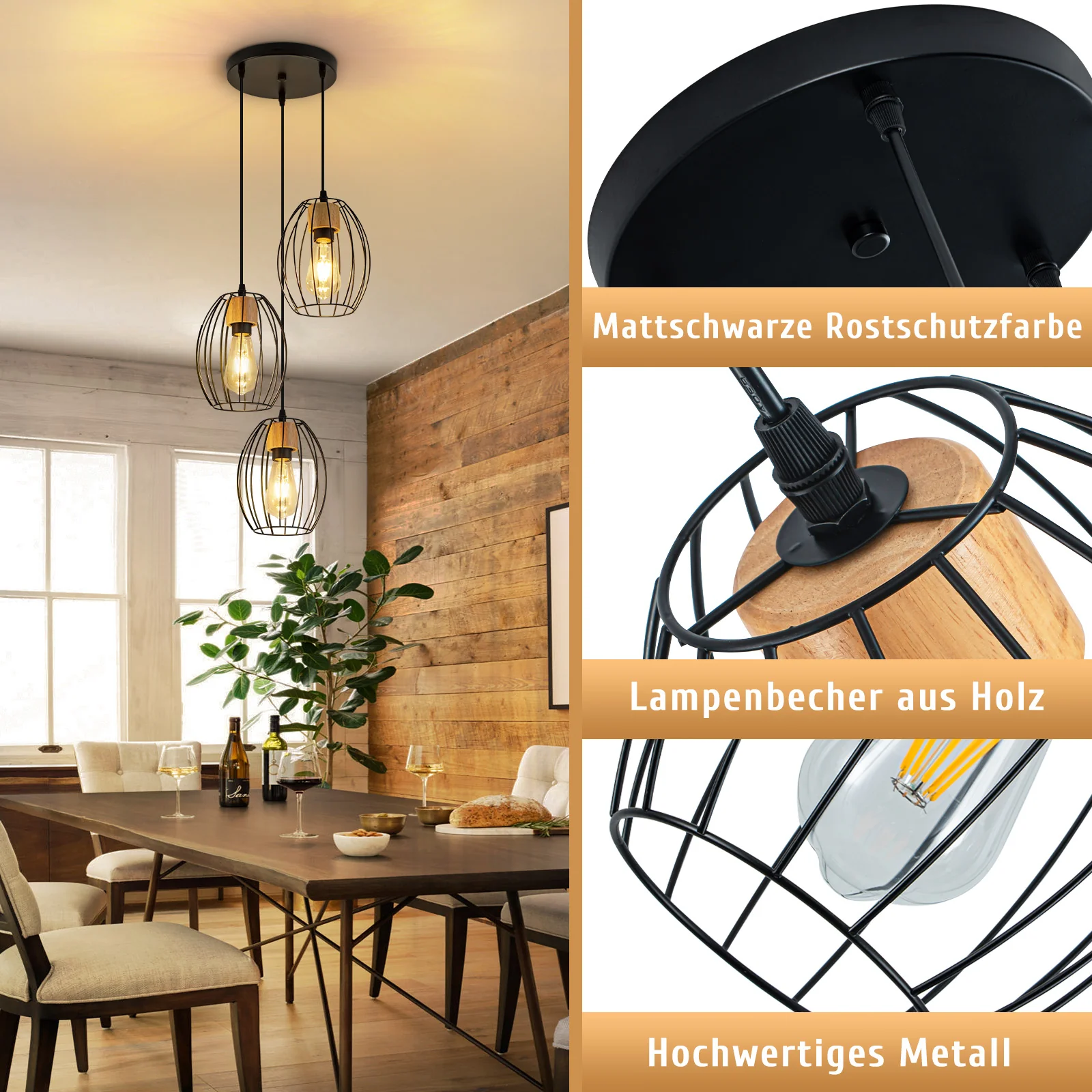 ZMH Hängelampe Vintage 3 flammig Schwarz Metall E27 Pendelleuchte für Wohnzimmer Ohne Leuchtmittel - Image 4
