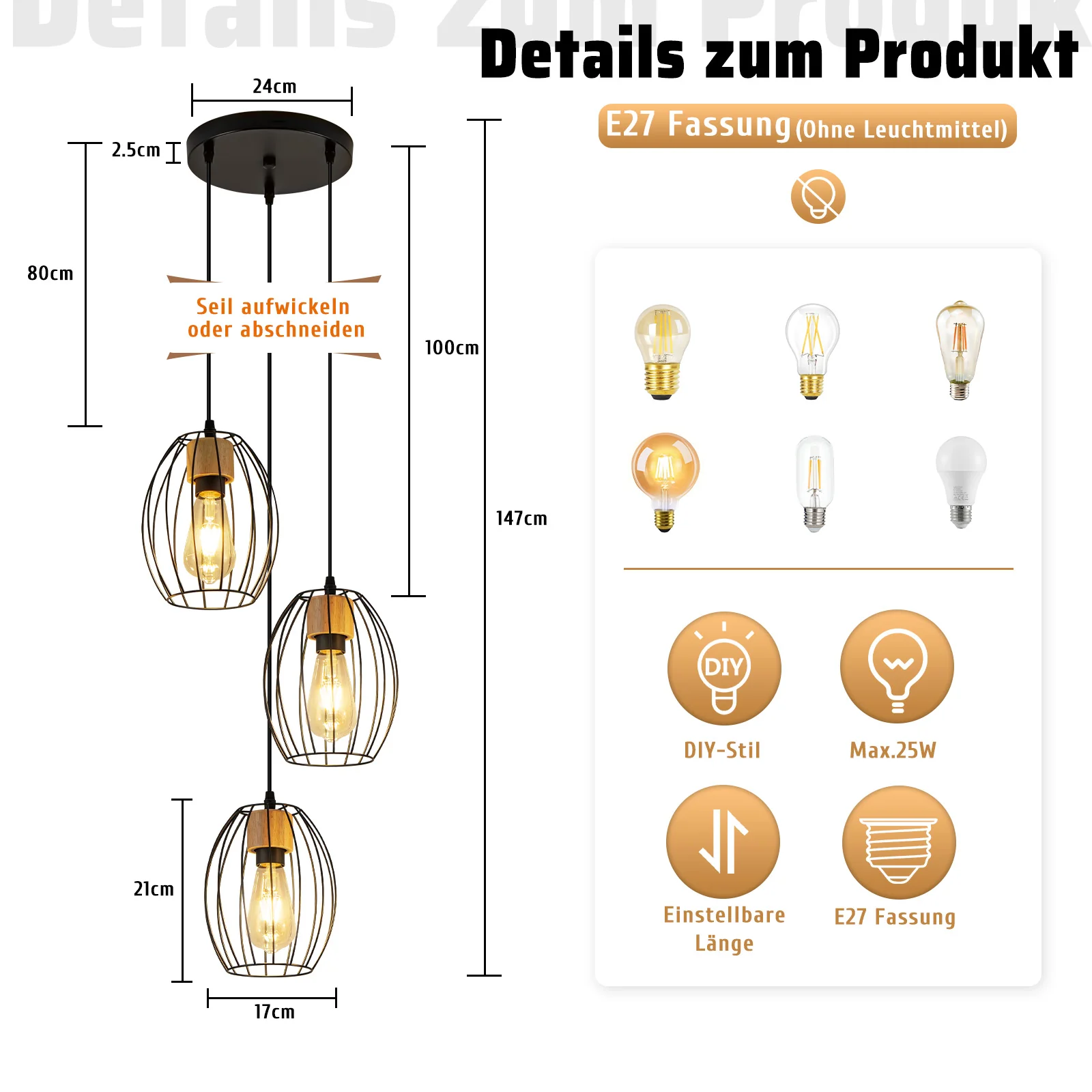 ZMH Hängelampe Vintage 3 flammig Schwarz Metall E27 Pendelleuchte für Wohnzimmer Ohne Leuchtmittel - Image 5
