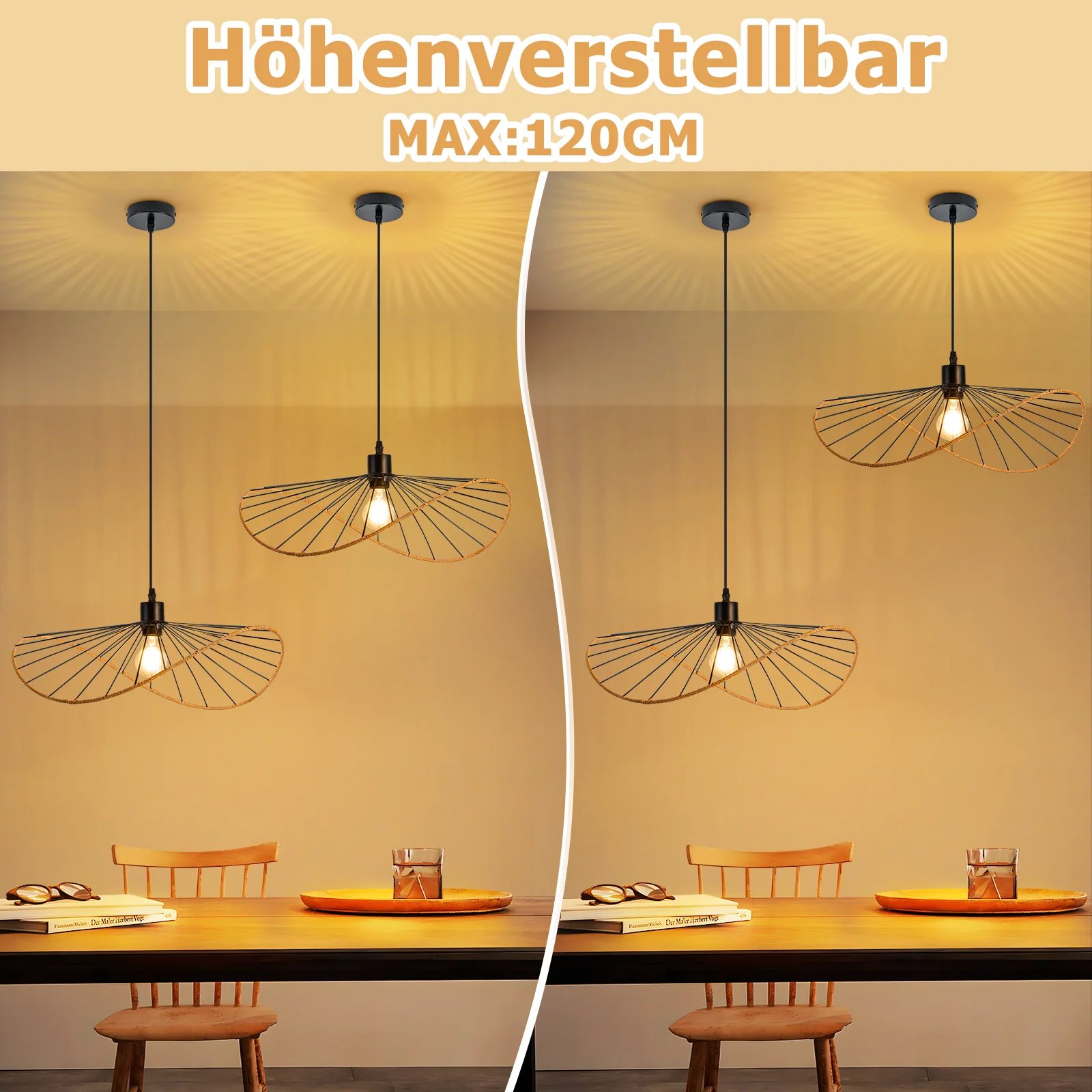 ZMH Hängelampe Vintage Boho Rattan E27 1 Flammig 50cm Pendelleuchte für Esszimmer Ohne Leuchtmittel - Image 5