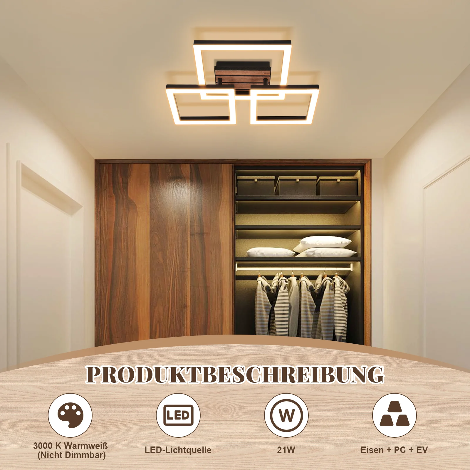 ZMH LED Deckenlampe 21W Modern 38CM 3000K Warmweiß Eckig in Holzoptik Deckenleuchte für Wohnzimmer - Image 6