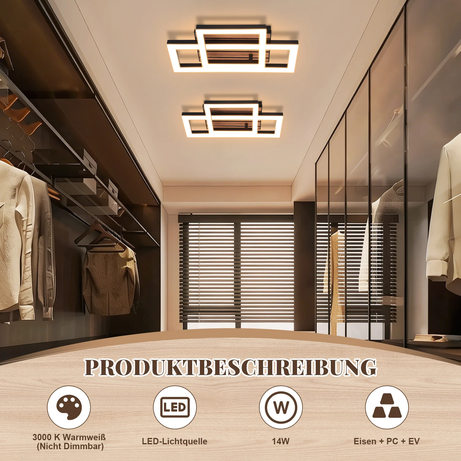 ZMH LED Deckenleuchte 14W Modern Design 3000K Warmweiß Eckig in Holzoptik Deckenlampe für Wohnzimmer - Image 6
