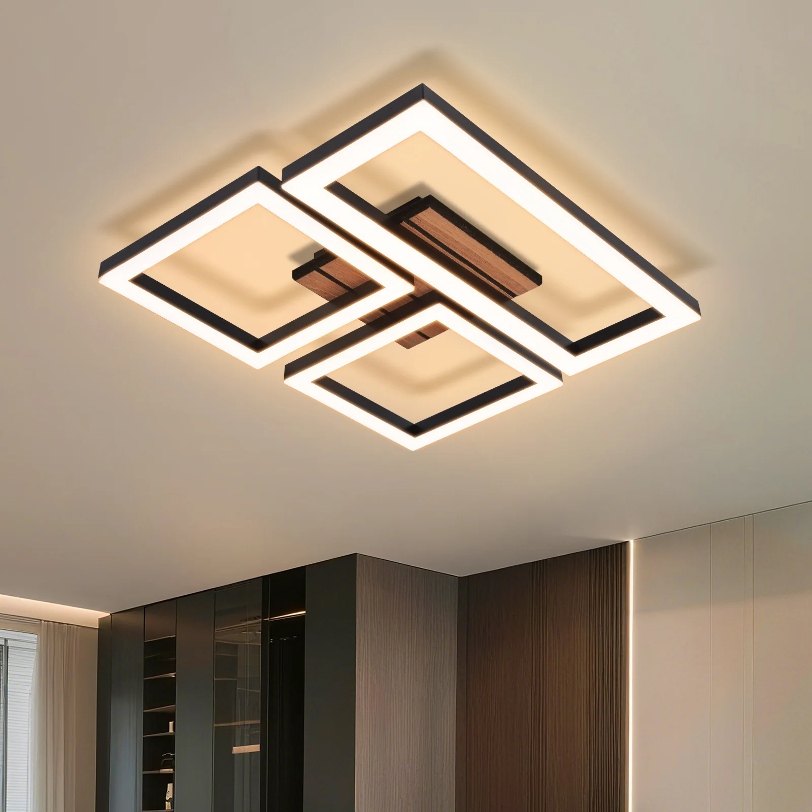 ZMH LED Deckenleuchte 21W Schwarz Modern Warmweiß Eckig in Holzoptik Deckenlampe für Wohnzimmer Flur - Image 2