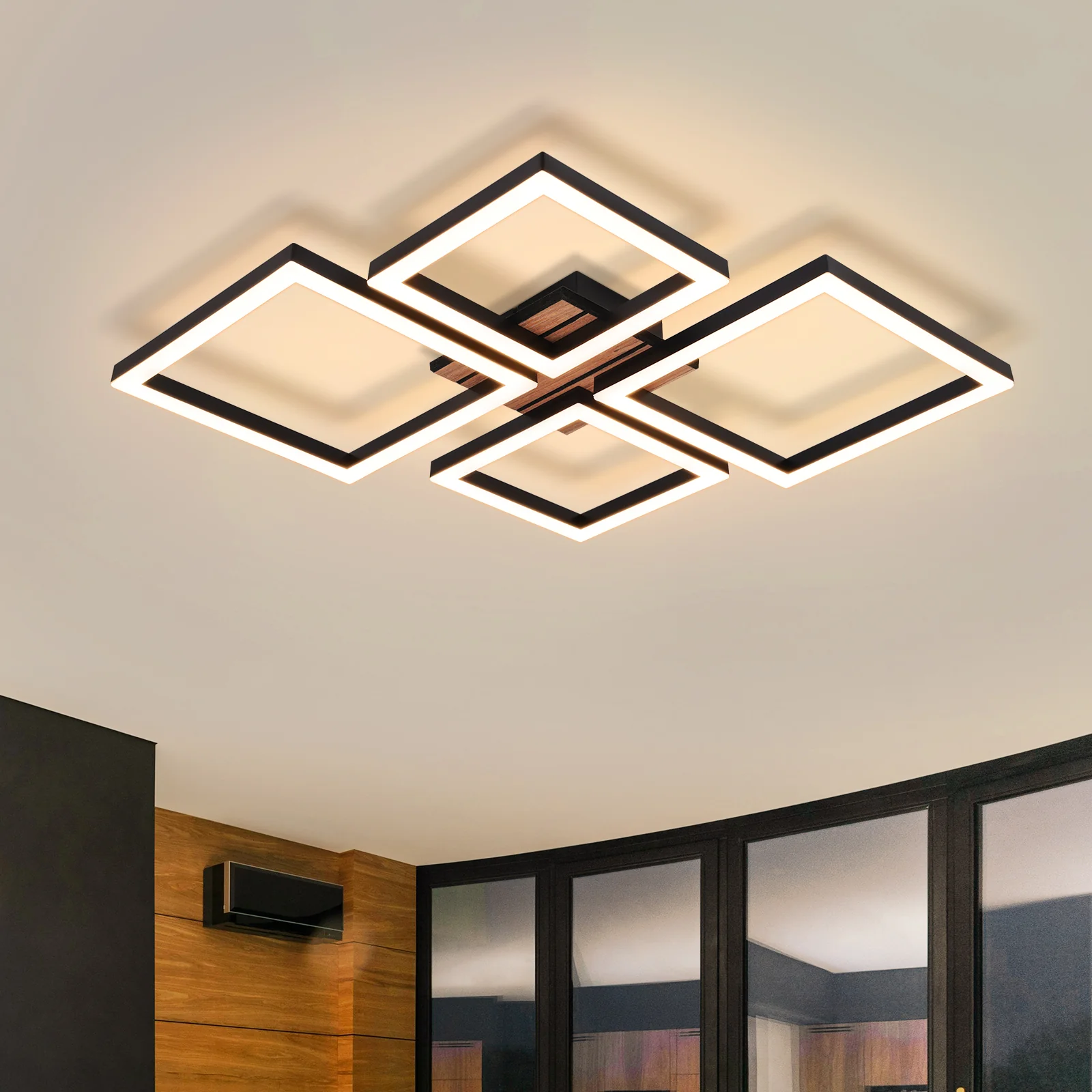 ZMH LED Deckenleuchte 32W Schwarz Modern Warmweiß Eckig in Holzoptik Deckenlampe für Wohnzimmer Flur - Image 2