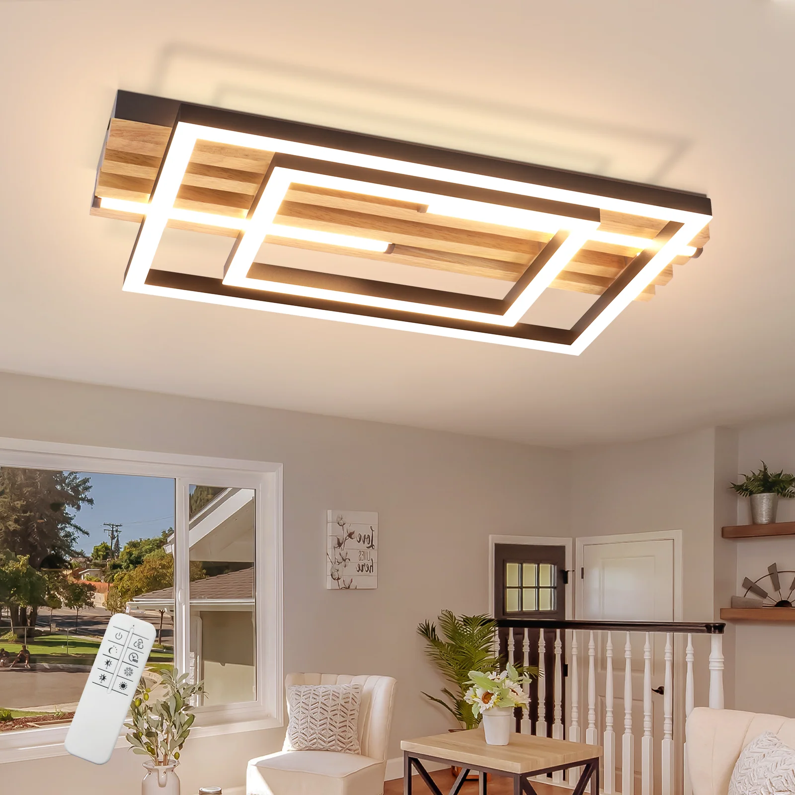 ZMH LED Deckenleuchte Holz Dimmbar 34W Rechteckig Metall Deckenlamape für Schlafzimmer Wohnzimmer - Image 3