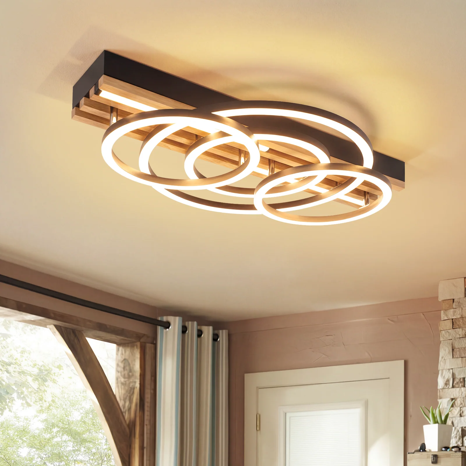 ZMH LED Deckenleuchte Holz Dimmbar 50cm 60W Ring Geometrisch Deckenlampe für Wohnzimmer Esszimmer - Image 3