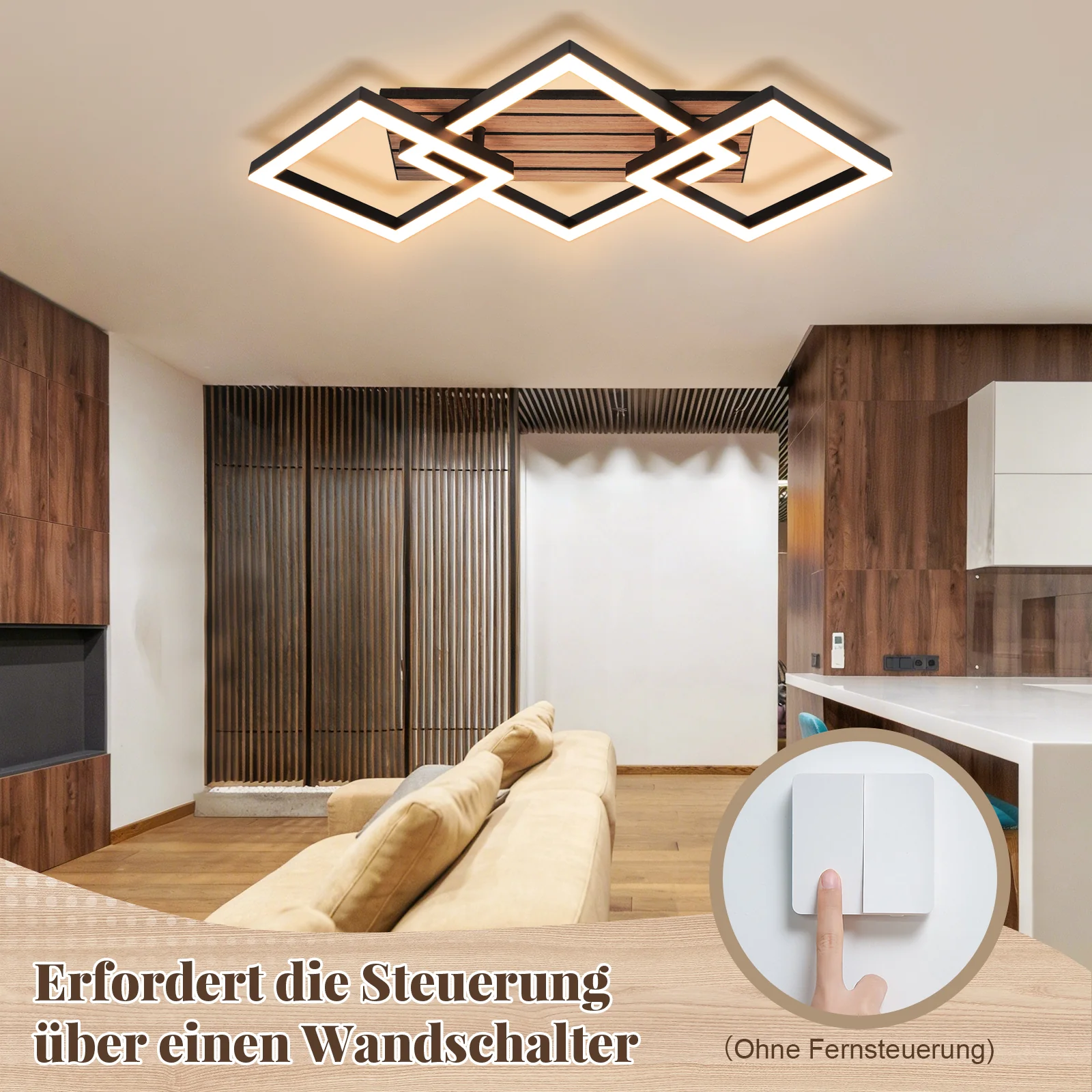 ZMH LED Deckenleuchte Modern 58CM 3000K Eckig in Holzoptik Deckenlampe für Esszimmer Wohnzimmer - Image 8