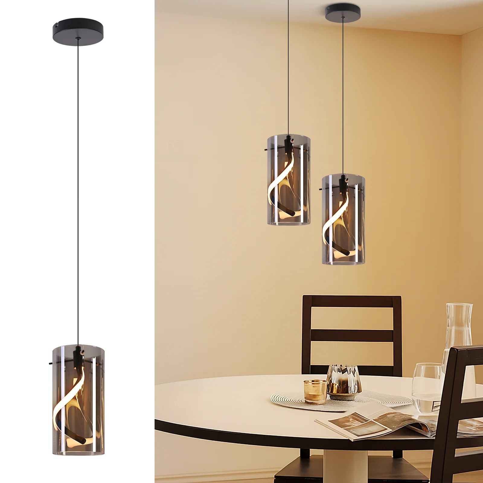 ZMH LED Pendelleuchte Vintage Glas 1 Flammig Rauchgrau Warmweiß Esstisch Hängelampe für Wohnzimmer - Image 3