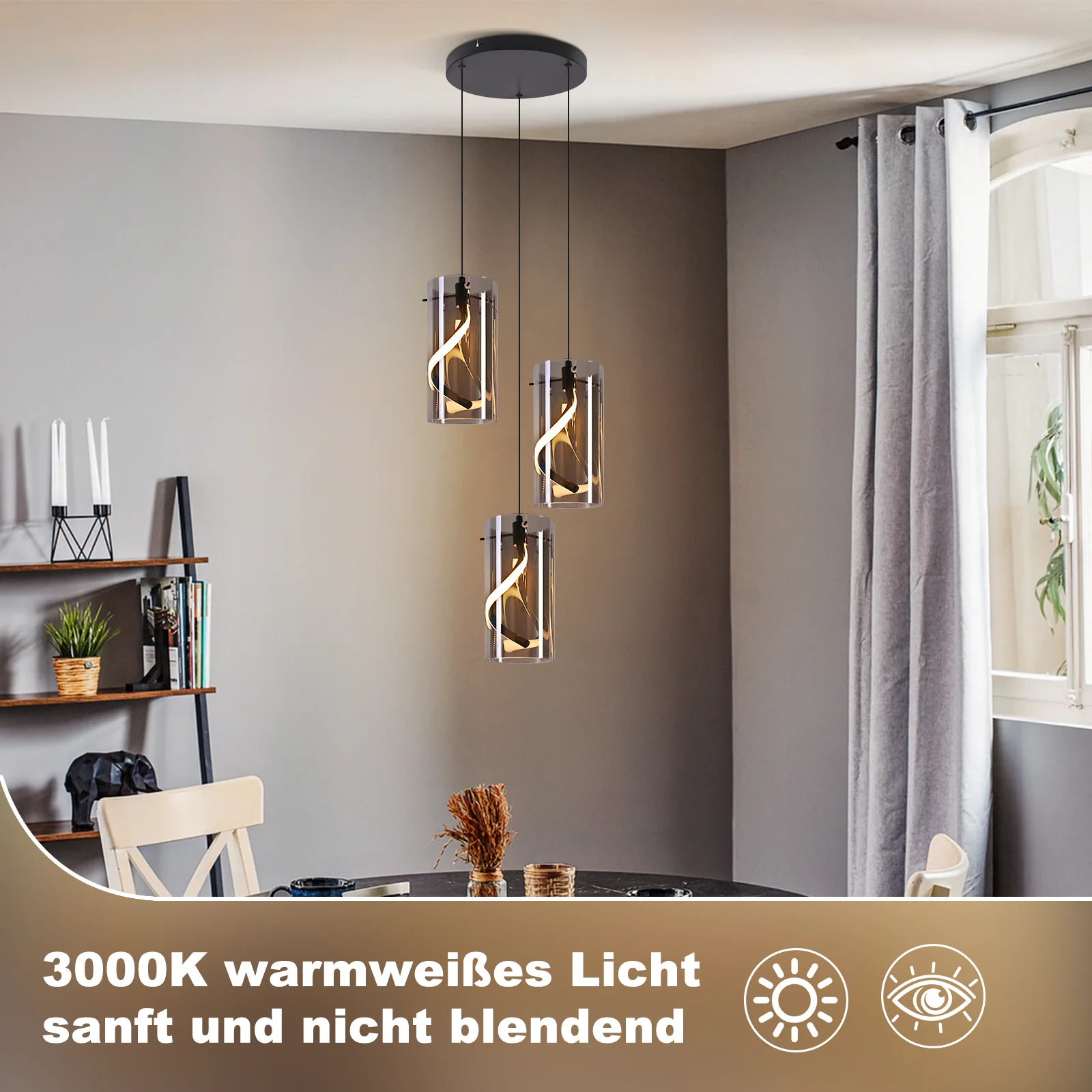 ZMH LED Pendelleuchte Vintage Glas 3 Flammig Rauchgrau Retro 3000K Esstisch Hängelampe für Esszimmer - Image 4