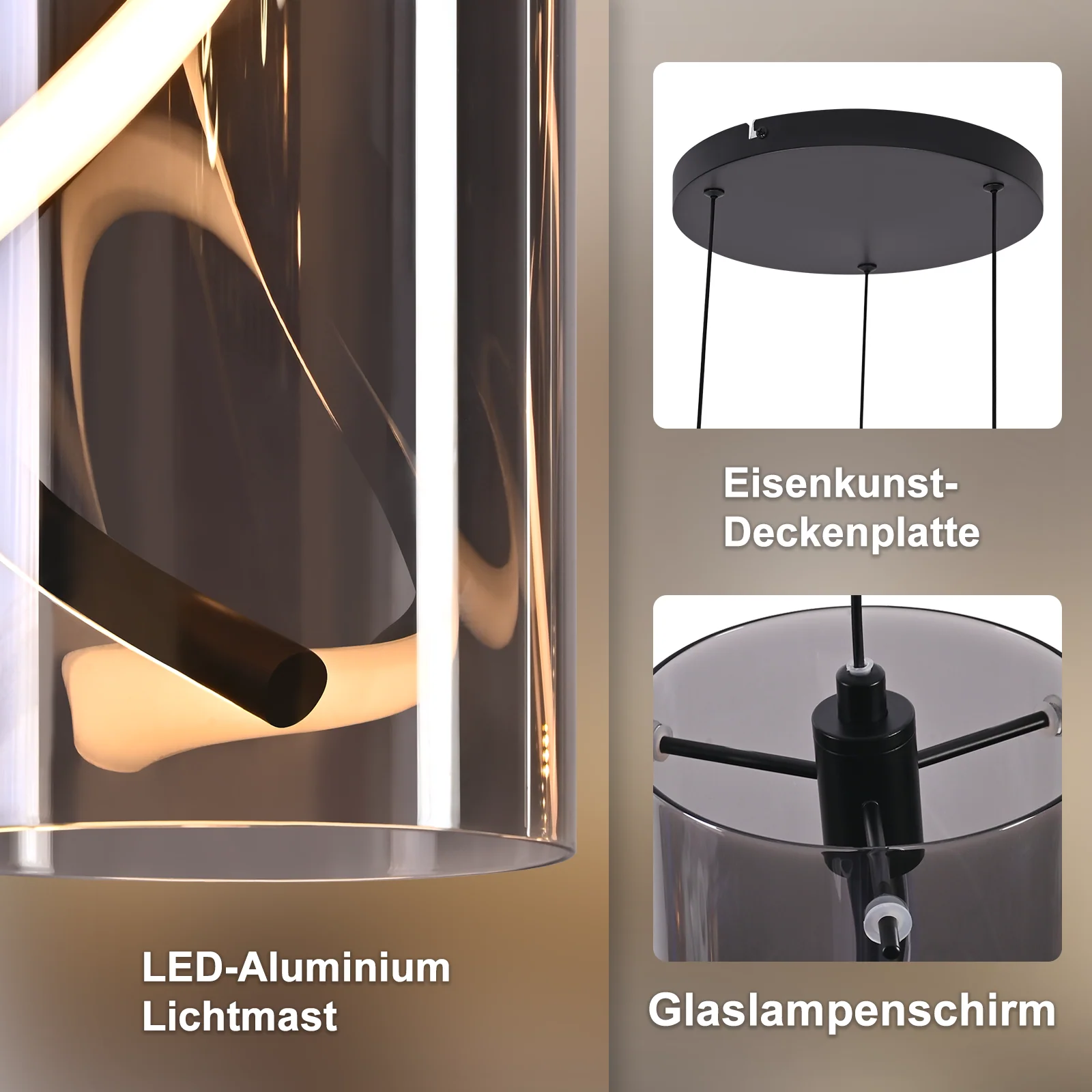 ZMH LED Pendelleuchte Vintage Glas 3 Flammig Rauchgrau Retro 3000K Esstisch Hängelampe für Esszimmer - Image 5