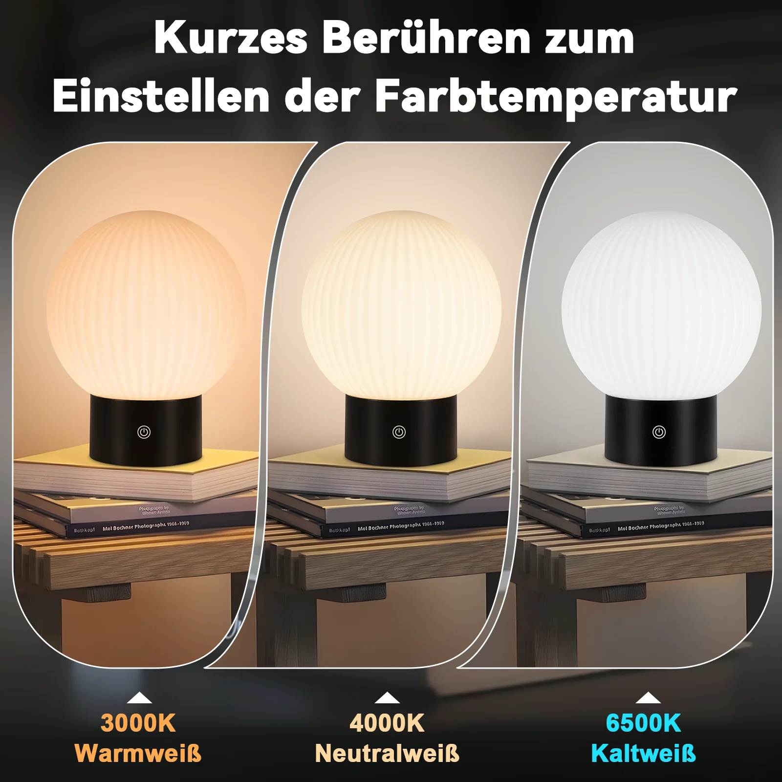 ZMH LED Tischlampe Kabellos Akku Weiß Dimmbar Touch Aufladbar Pilz Glas Nachttischlampe - Image 24
