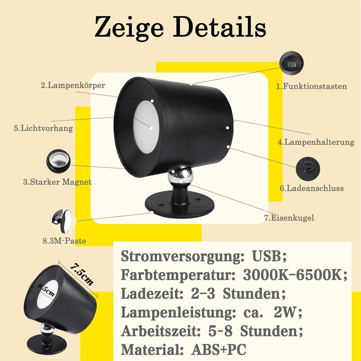 ZMH LED Wandleuchte Innen mit Akku 360° Drehbare Schwarz Kabellose Wandlampe Für Wohnzimmer - Image 12