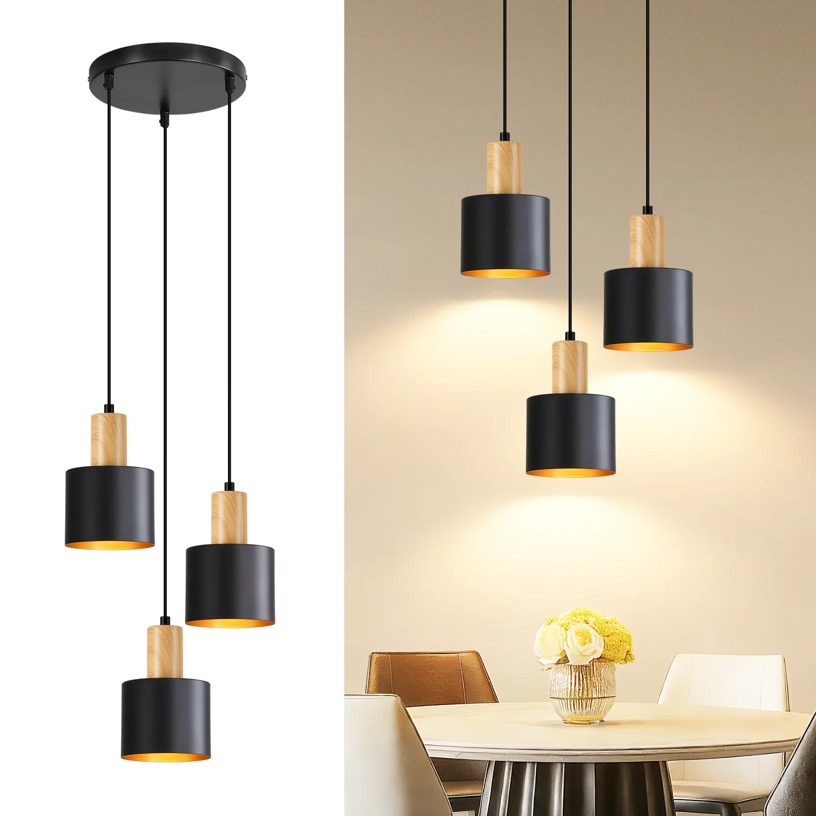 ZMH Pendelleuchte E27 Vintage 3 Flammig Schwarz Höhenverstellbar Hängelampe Für Wohnzimmer Esszimmer - Image 3